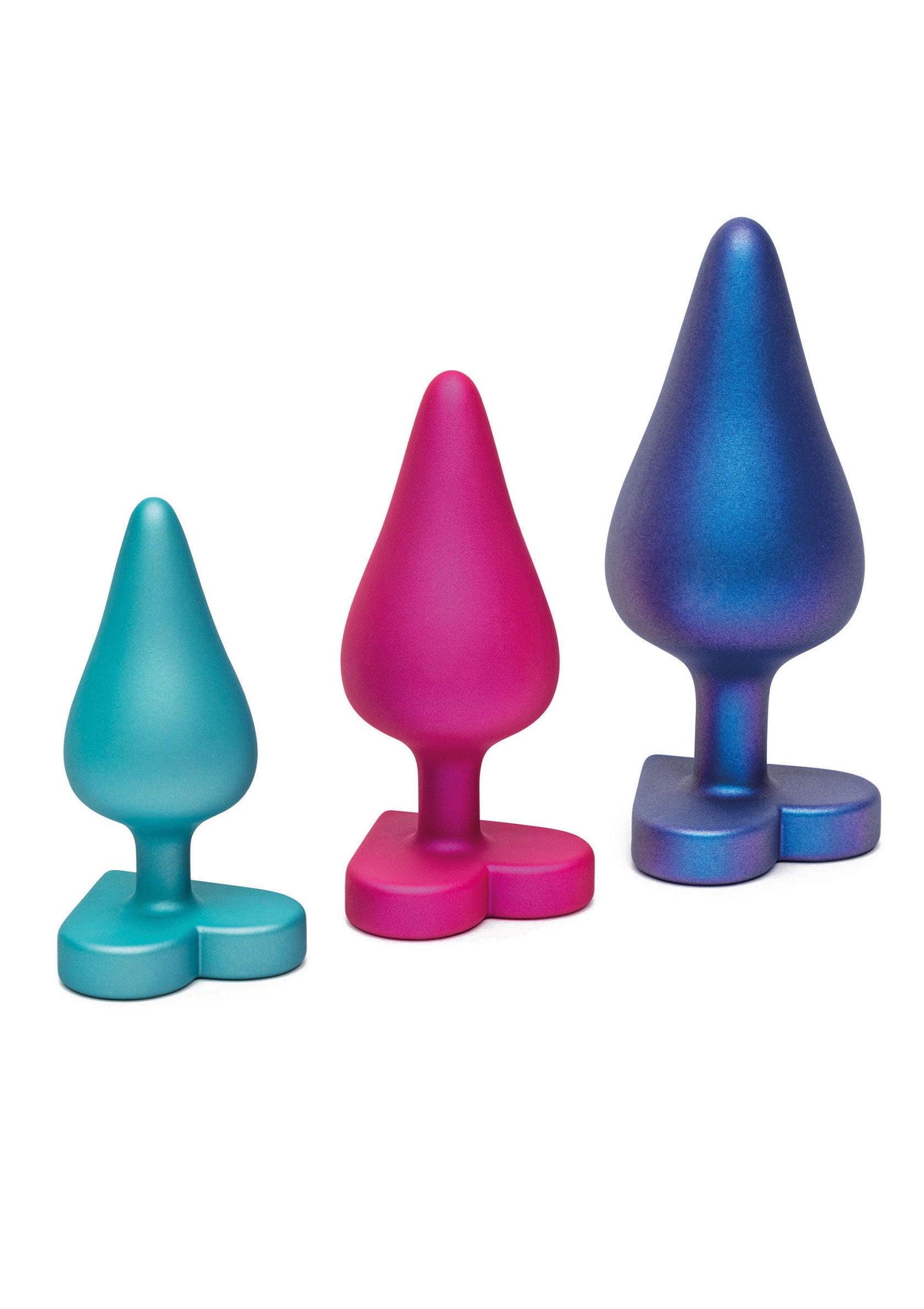 Ensemble de trois plugs anaux en silicone de tailles différentes. Stimulation anale pour tous les niveaux d'expérience.; Set van drie siliconen anale plugs in verschillende maten. Anale stimulatie voor alle ervaringsniveaus.; Set of three silicone anal plugs in varying sizes. Anal stimulation for all experience levels.