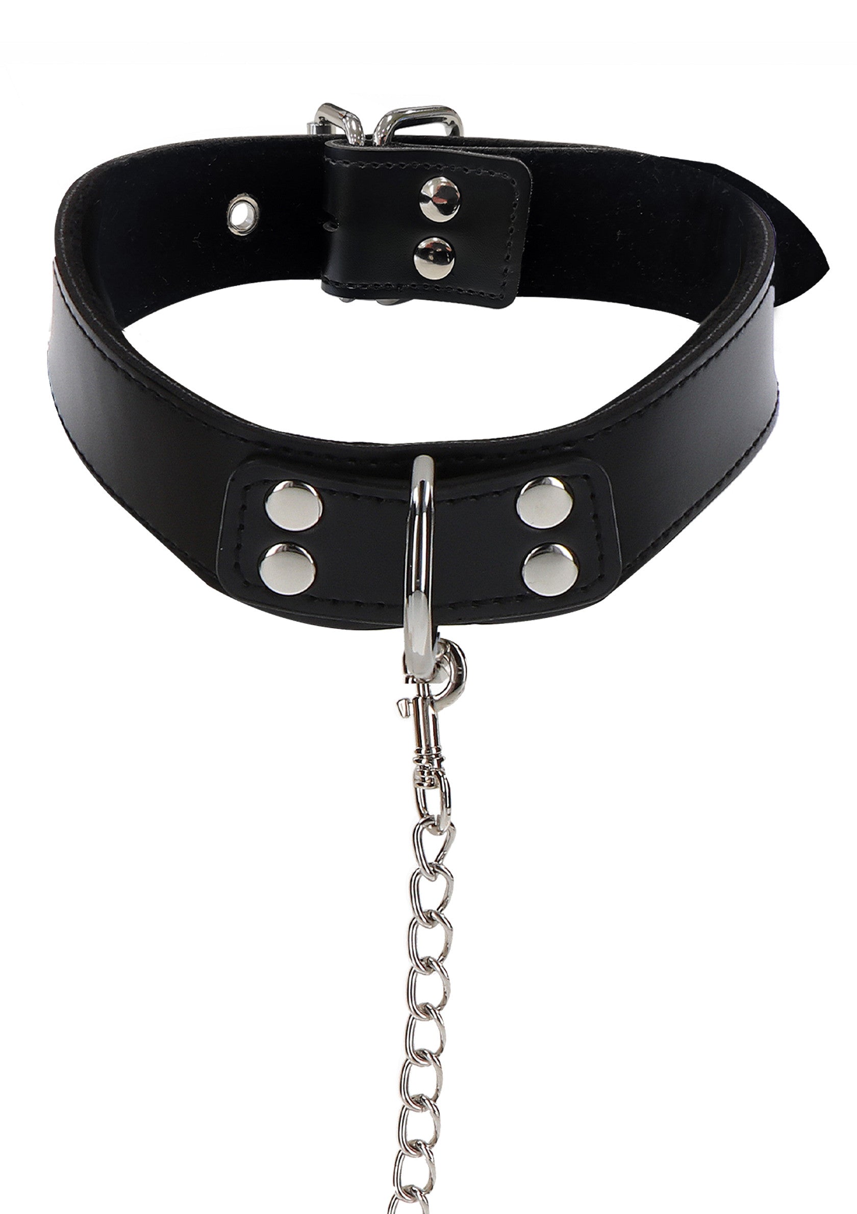 Collier noir en cuir avec chaîne, pour un look audacieux et sophistiqué.; Zwarte leren halsband met ketting, voor een gewaagde en verfijnde look.; Black leather collar with chain, for a bold and sophisticated look.