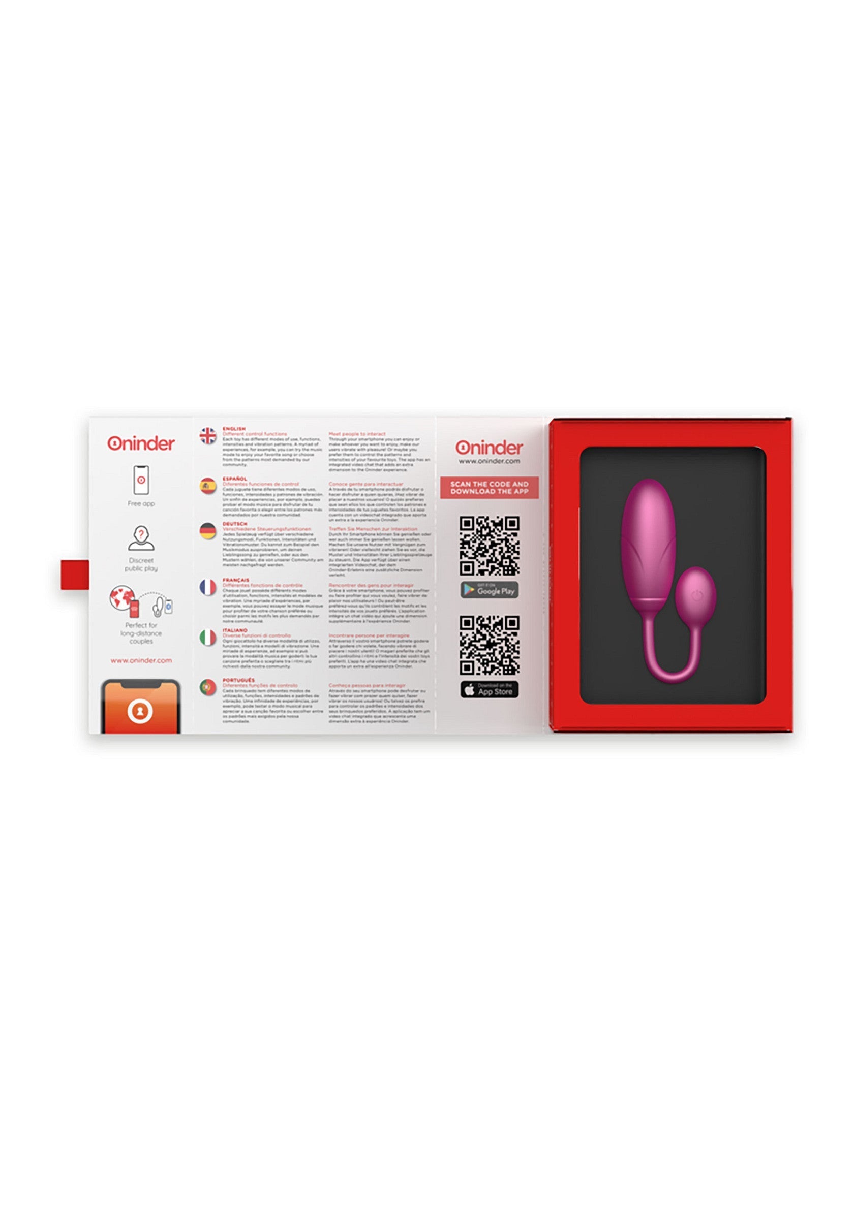 Vibromasseur double plaisir rose, avec emballage et informations produit.; Roze dubbele stimulator vibrator, met verpakking en productinformatie.; Pink double pleasure vibrator, with packaging and product information.