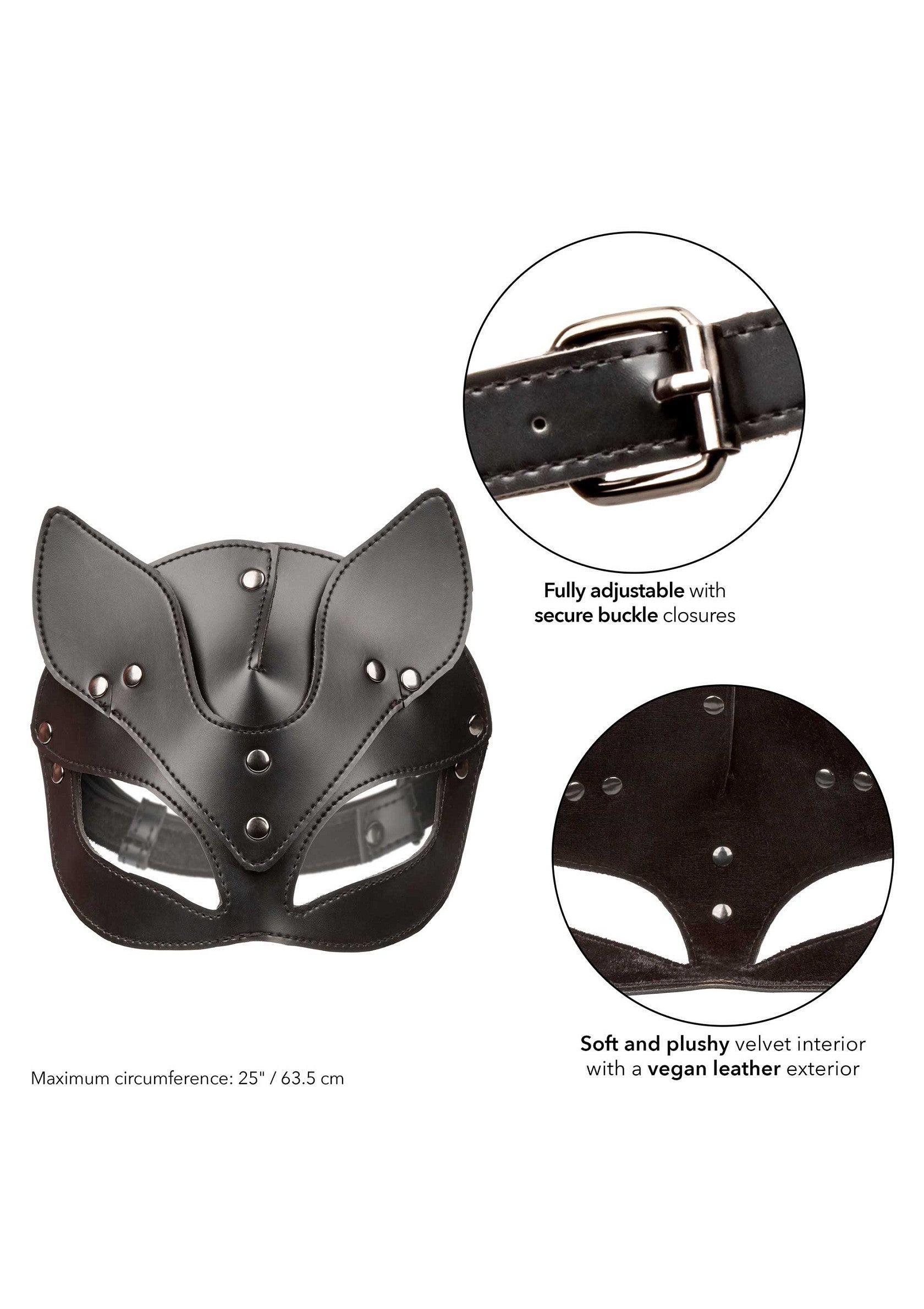 Masque en cuir vegan noir avec oreilles de chat et fermeture réglable pour un look séduisant et mystérieux.; Zwart vegan lederen masker met kattenooren en verstelbare sluiting voor een verleidelijke en mysterieuze look.; Black vegan leather cat ear mask with adjustable buckle closure for a seductive and mysterious look.