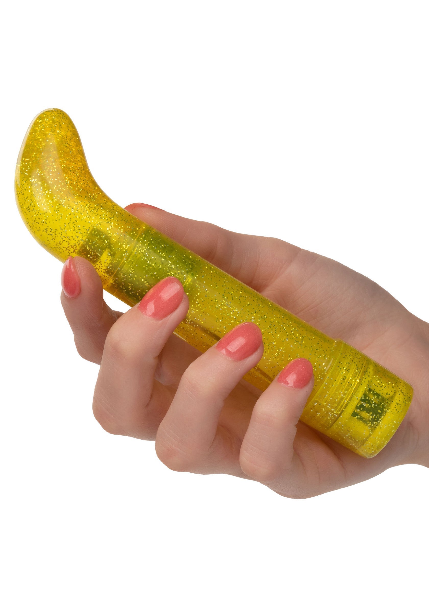 Vibromasseur jaune scintillant, idéal pour le plaisir solo ou en couple.; Glitterende gele vibrator, perfect voor solo- of partnerplezier.; Sparkly yellow vibrator, perfect for solo or partner pleasure.