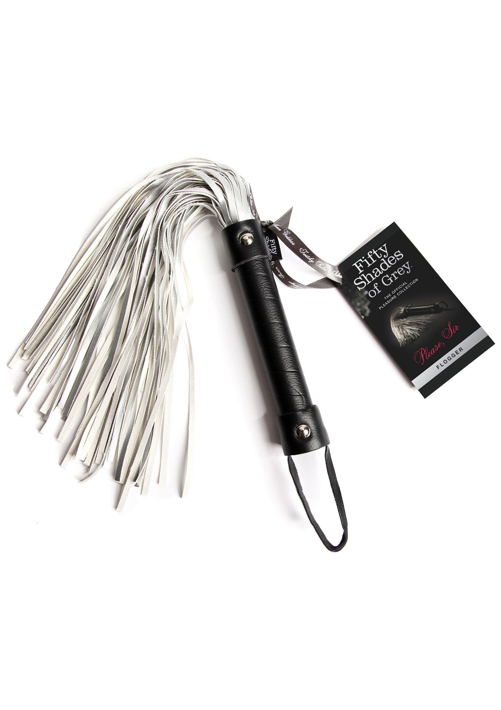 Fouet Fifty Shades of Grey. Accessoire de jeu de rôle en cuir blanc et manche noir pour une expérience sensuelle et excitante.; Fifty Shades of Grey flogger. Roleplay accessoire van wit leer en zwarte handgreep voor een sensuele en opwindende ervaring.; Fifty Shades of Grey flogger. Roleplay accessory made of white leather and black handle for a sensual and exciting experience.