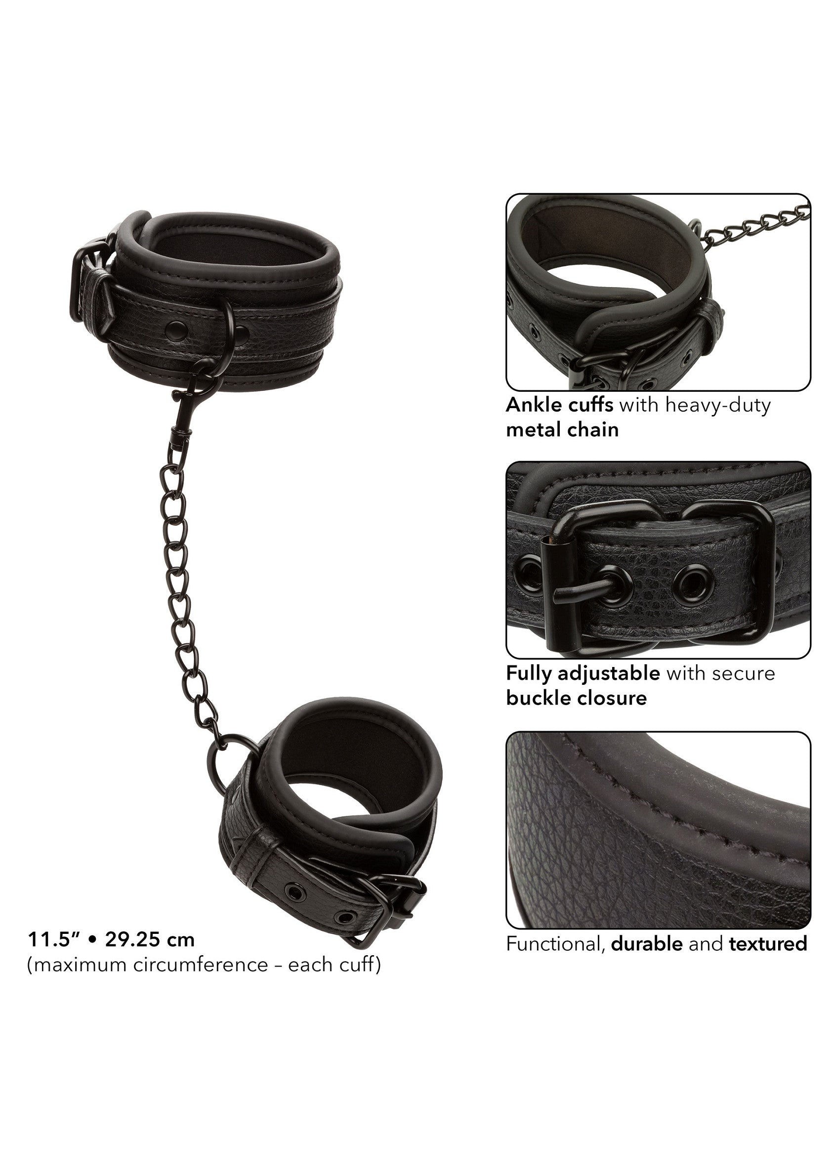 Menottes de cheville en cuir noir avec chaîne. Ajustables et durables, pour une expérience intense.; Zwarte lederen enkelboeien met ketting. Verstelbaar en duurzaam, voor een intense ervaring.; Black leather ankle cuffs with chain. Adjustable and durable, for an intense experience.