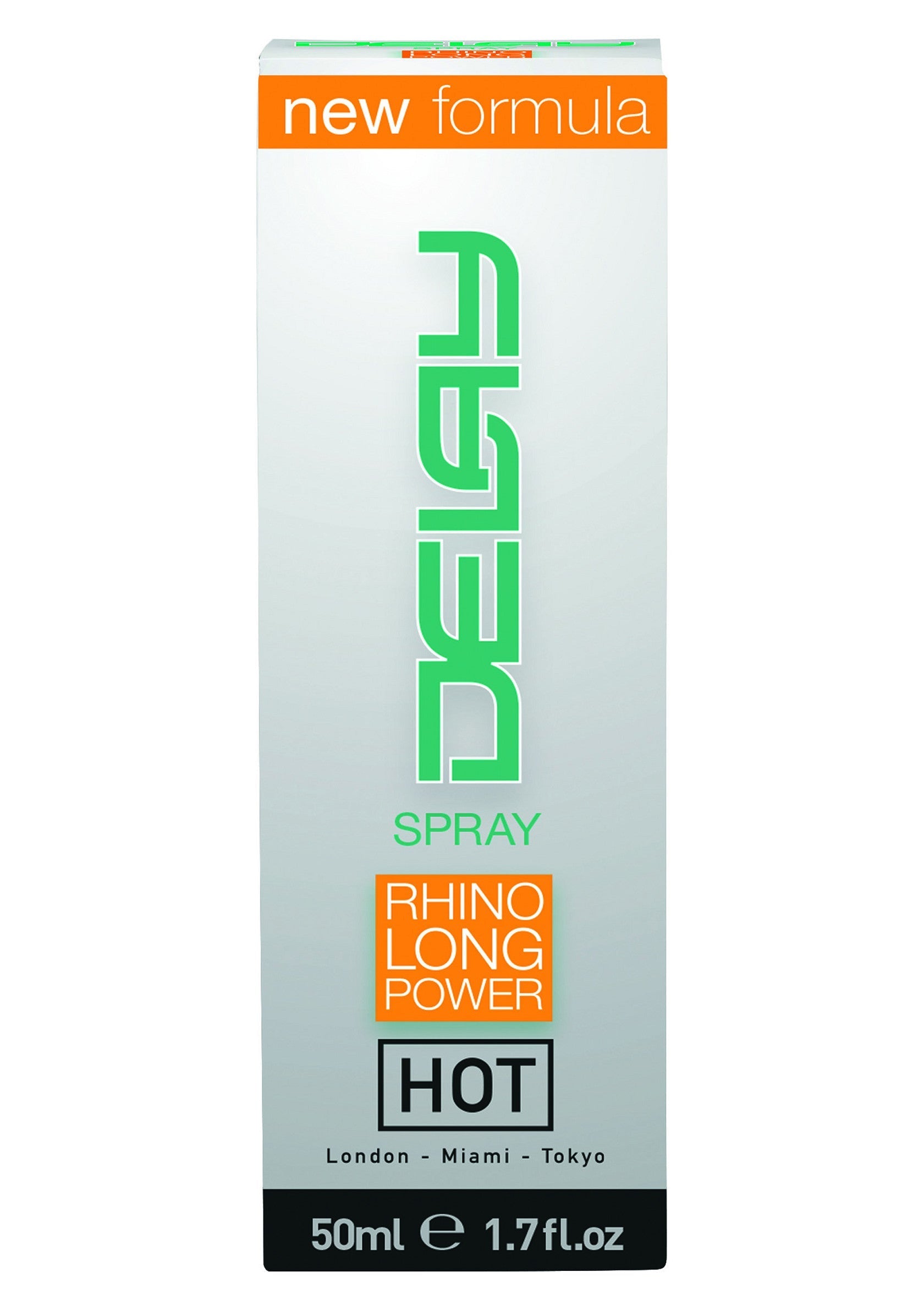 Delai Spray Rhino Long Power Hot nouvelle formule 50ml pour une performance durable et intense.; Delai Spray Rhino Long Power Hot nieuwe formule 50ml voor langdurige en intense prestaties.; Delai Spray Rhino Long Power Hot new formula 50ml for long-lasting and intense performance.