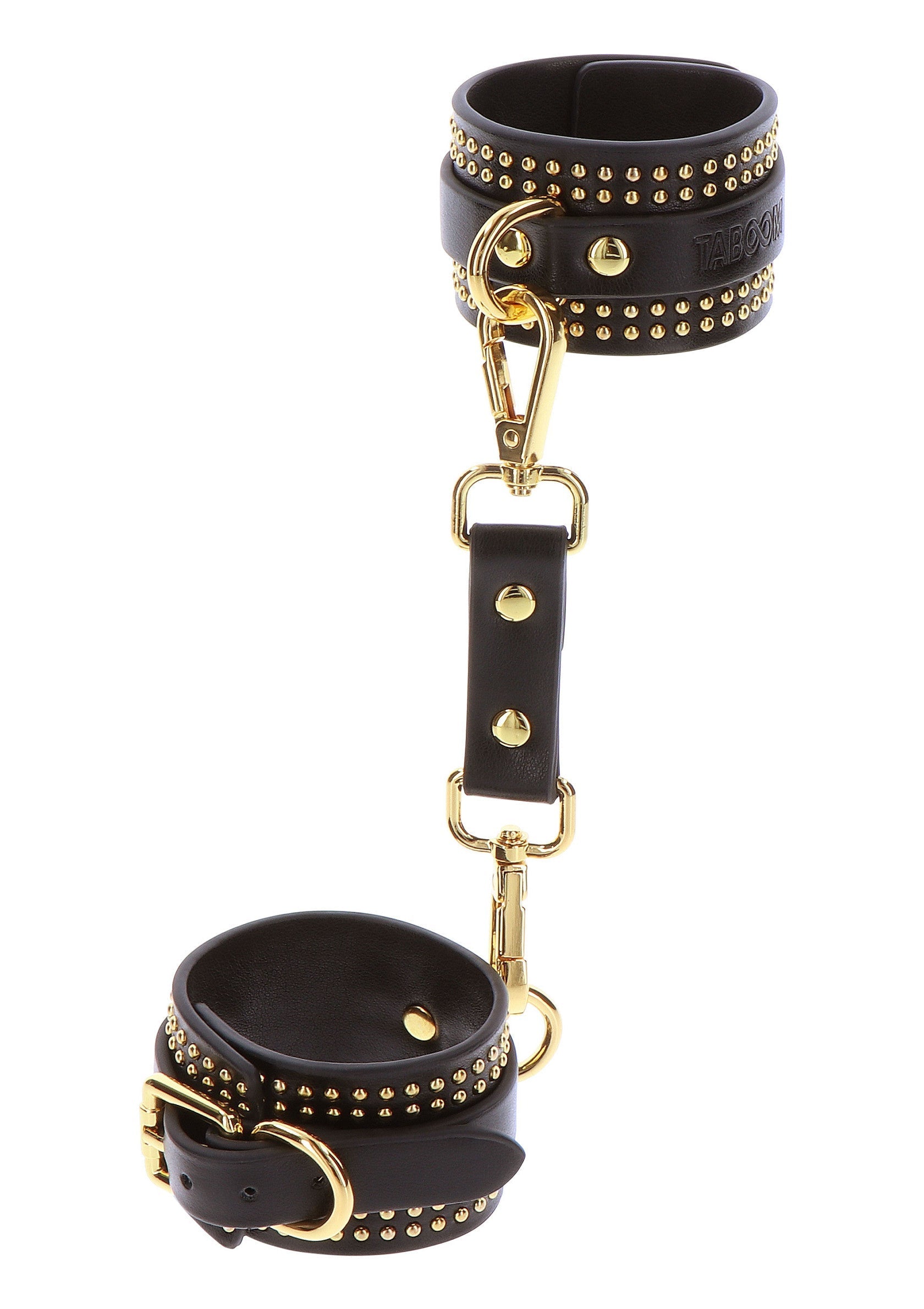 Menottes noires en cuir cloutées avec accessoires dorés.; Zwarte leren handboeien met studs en gouden details.; Black leather studded handcuffs with gold accents.