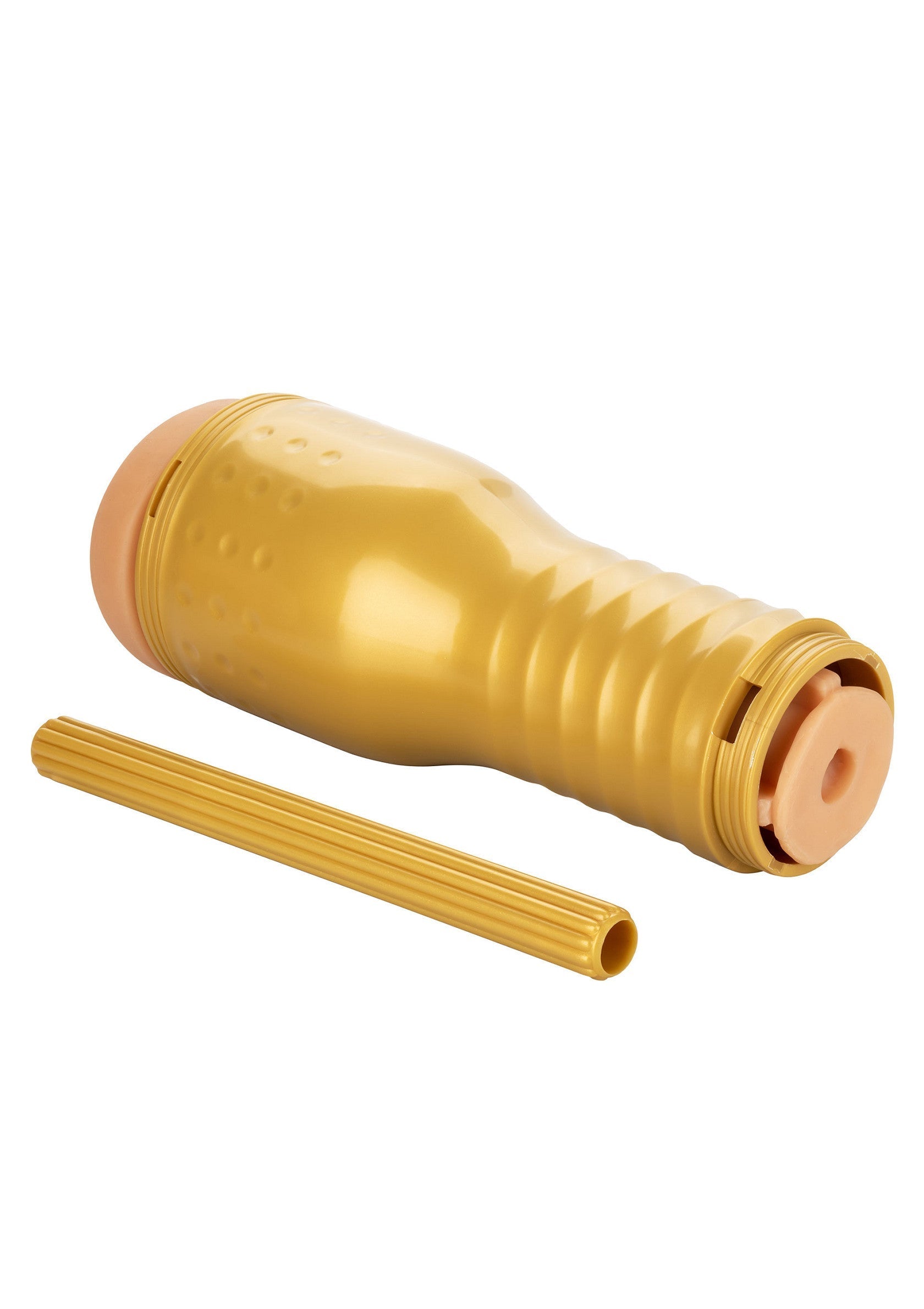 Manchon de plaisir texturé en or avec accessoire pour hommes. Jouet sexuel pour adultes discret.; Gouden getextureerde pleasure sleeve met accessoire voor mannen. Discreet seksspeeltje voor volwassenen.; Gold textured pleasure sleeve with attachment for men. Discreet adult sex toy.