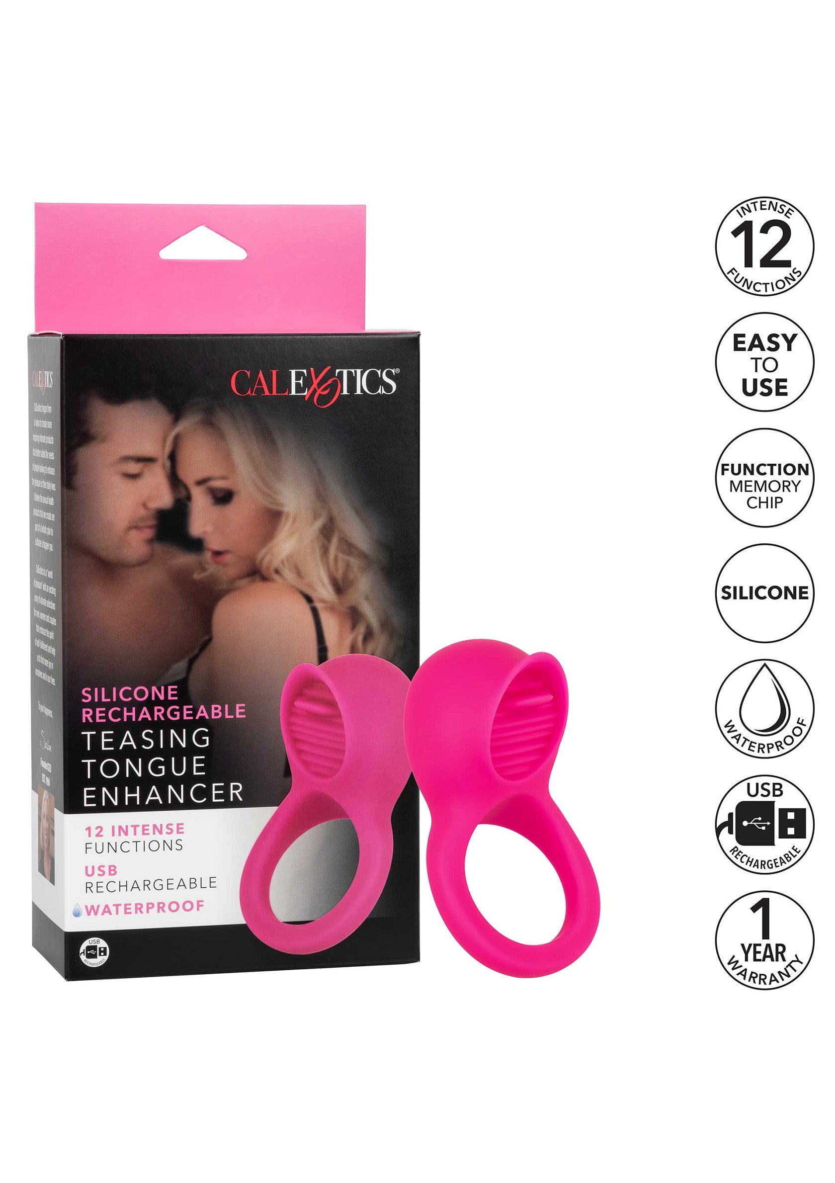 Anneaux péniens vibrants CalExotics Teasing Tongue Enhancer, pour des sensations intenses et un plaisir partagé. Rechargeable USB.; CalExotics Teasing Tongue Enhancer vibrerende penisringen voor intense sensaties en gedeeld plezier. USB oplaadbaar.; CalExotics Teasing Tongue Enhancer vibrating cock rings for intense sensations and shared pleasure. USB rechargeable.