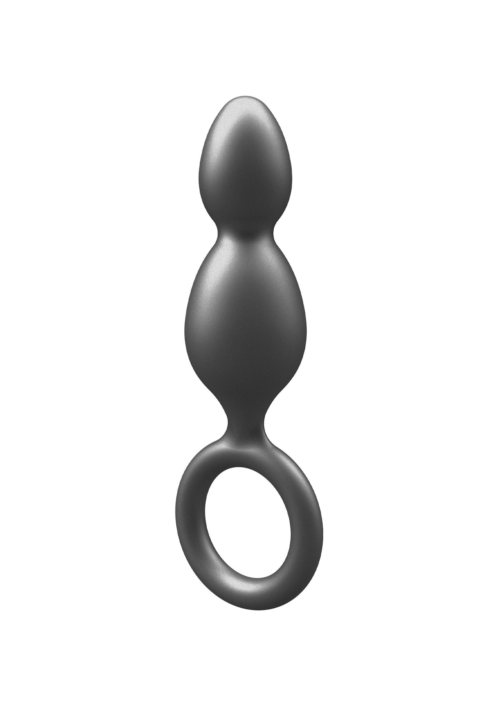 Plug anal gris en silicone avec anneau pour une manipulation facile.; Grijze siliconen anale plug met ring voor gemakkelijke hantering.; Gray silicone anal plug with ring for easy handling.