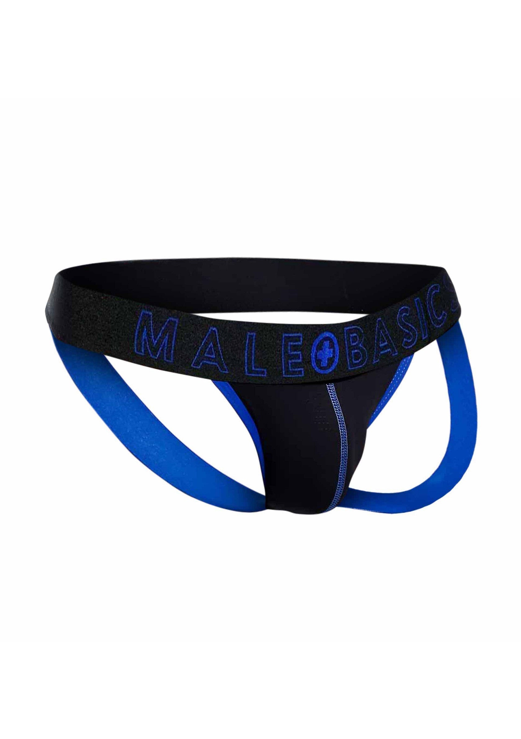 Slip Jock noir et bleu Malebasics, confort et maintien pour homme. Idéal pour le sport et le quotidien.; Malebasics zwarte en blauwe jockstrap, comfort en ondersteuning voor mannen. Ideaal voor sport en dagelijks gebruik.; Malebasics black and blue jockstrap, comfort and support for men. Ideal for sports and everyday wear.
