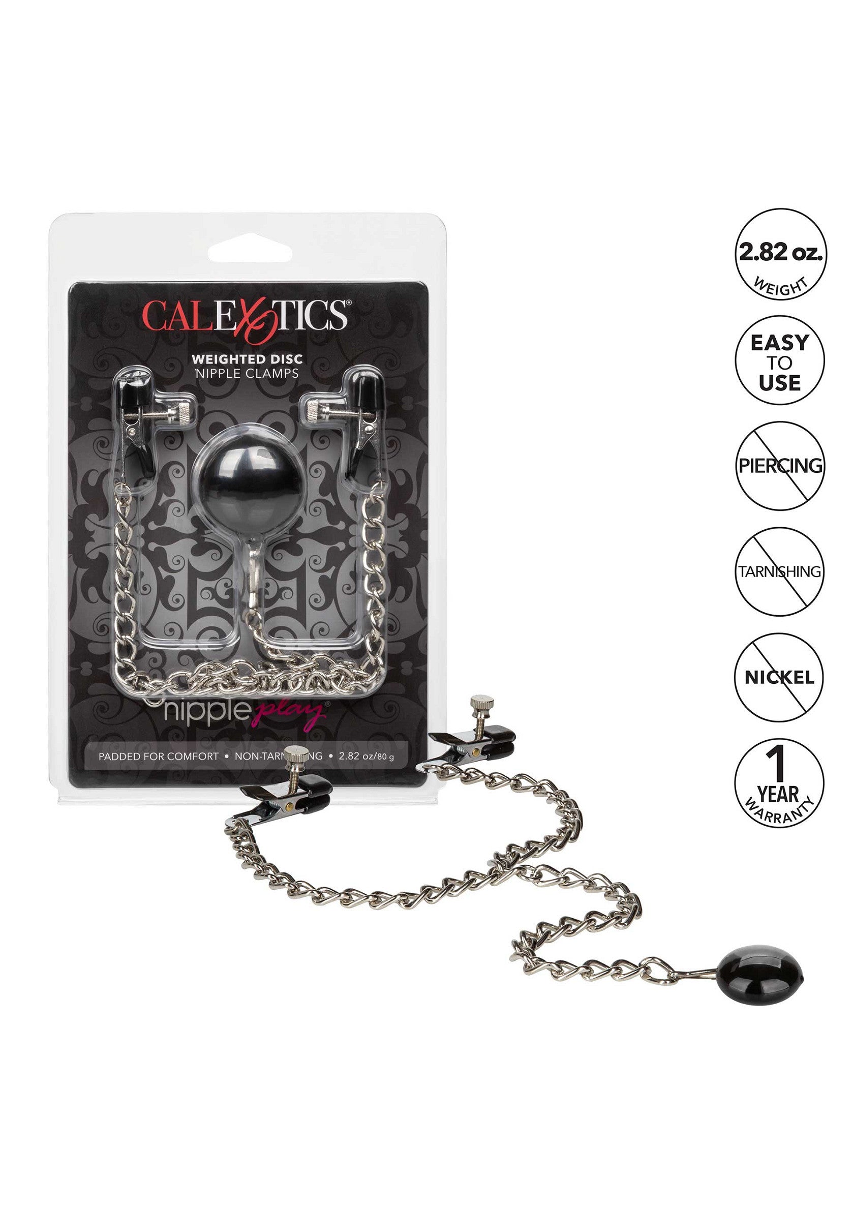 Pinces tétons lestées CalExotics pour un plaisir intense. Design réglable, confortables et faciles à utiliser. Ajoutez une touche d'excitation !; CalExotics verzwaarde tepelklemmen voor intense sensaties. Verstelbaar ontwerp, comfortabel en makkelijk te gebruiken. Voeg spanning toe!; CalExotics weighted nipple clamps for intense pleasure. Adjustable design, comfortable & easy to use. Add some excitement!