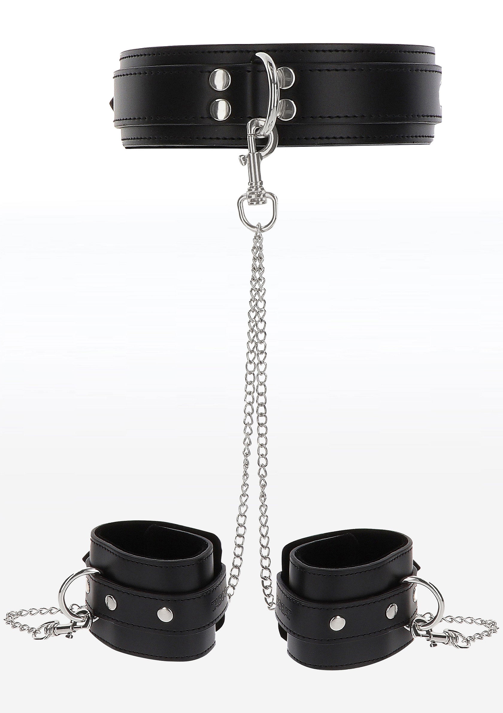 Ensemble collier et manchettes en cuir noir avec chaîne. Accessoires coquins pour adultes.; Zwarte leren halsband en handboeien set met ketting. Speelse accessoires voor volwassenen.; Black leather collar and cuffs set with chain. Playful adult accessories.