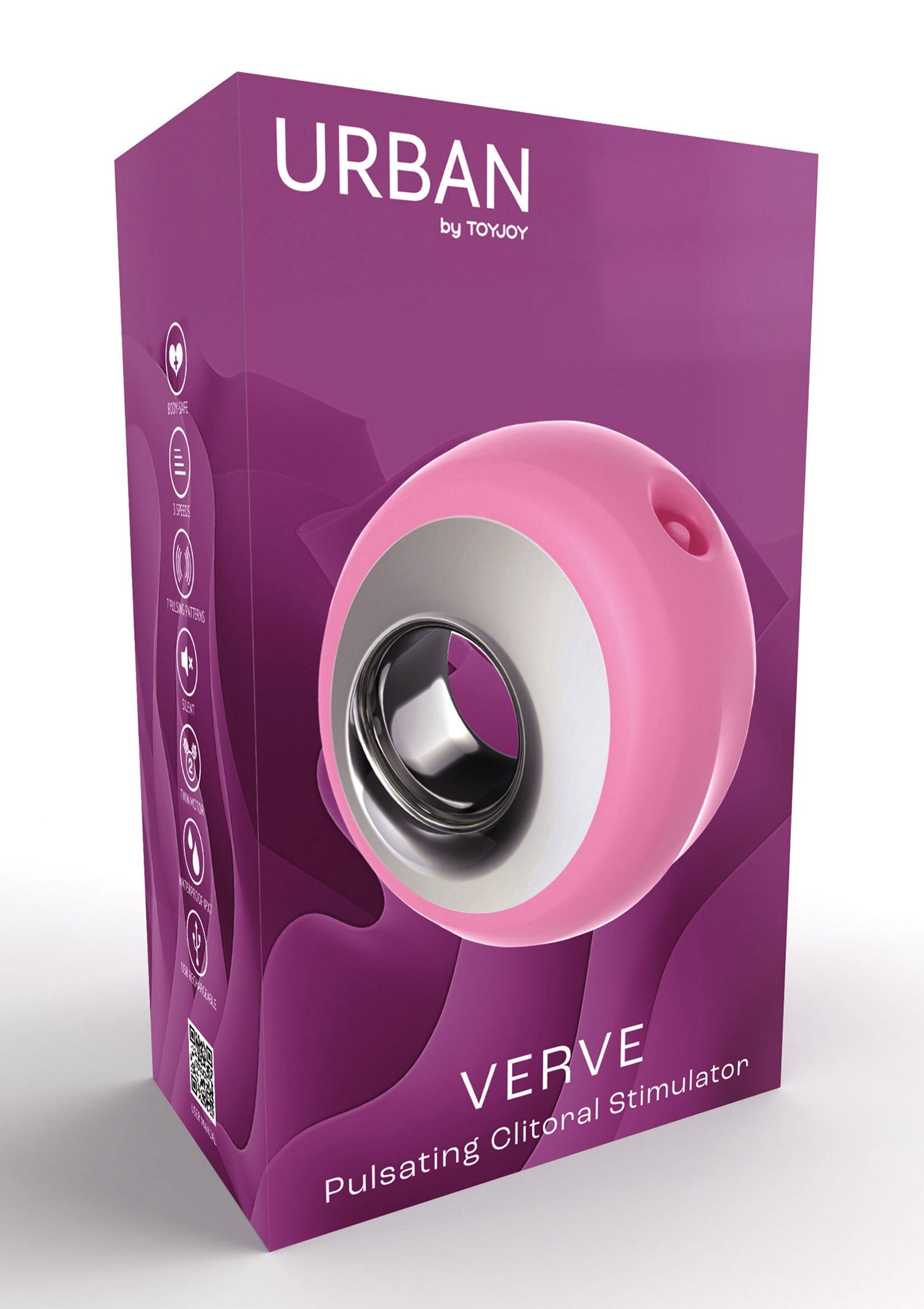 Urban Verve de ToyJoy, stimulateur clitoridien pulsant dans son emballage violet.; Urban Verve van ToyJoy, pulserende clitorisstimulator in paarse verpakking.; Urban Verve by ToyJoy, pulsating clitoral stimulator in its purple packaging.