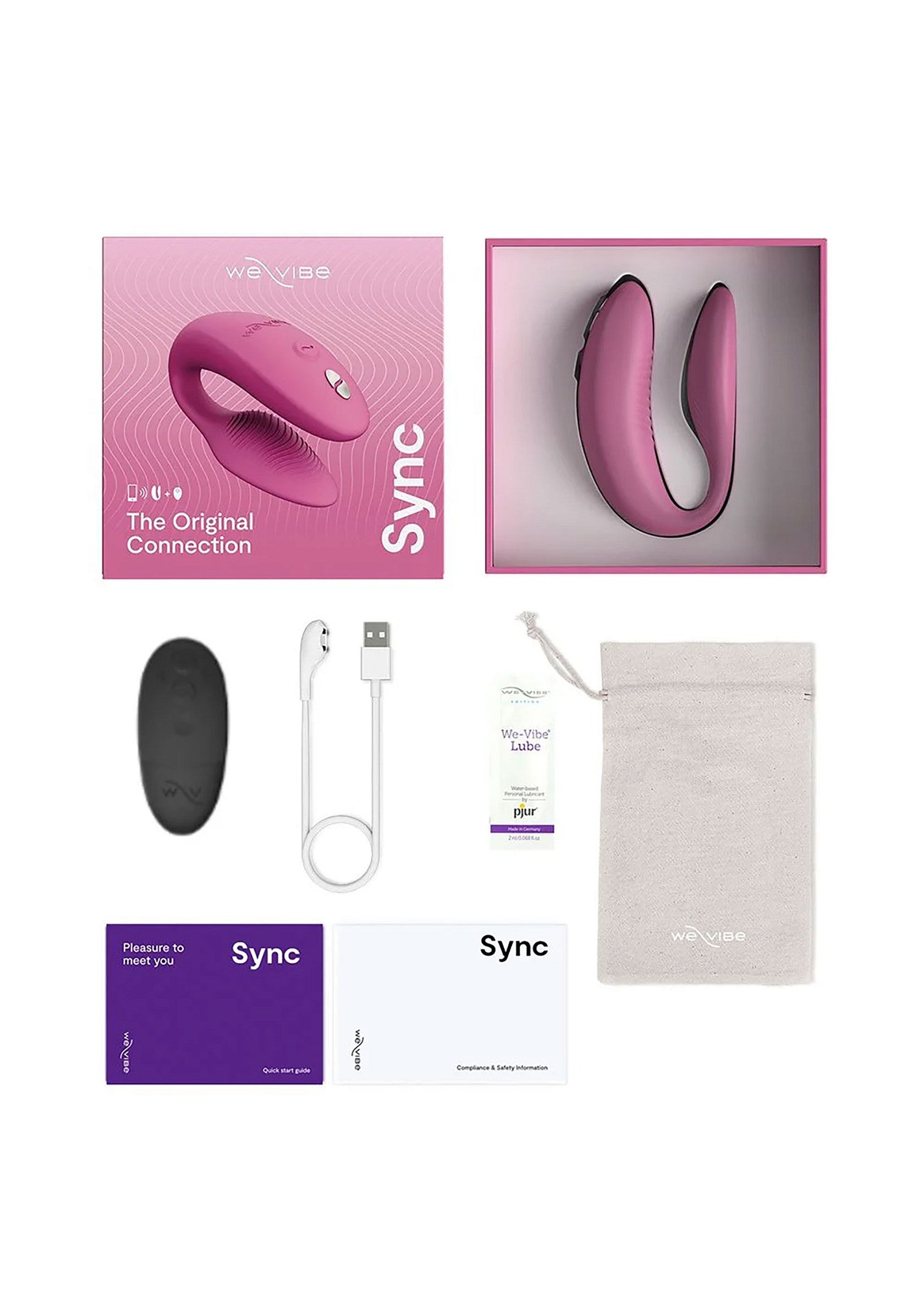 Vibromasseur We-Vibe Sync rose avec accessoires. Plaisir garanti.; Roze We-Vibe Sync vibrator met accessoires. Gegarandeerd genot.; Pink We-Vibe Sync vibrator with accessories. Pleasure guaranteed.