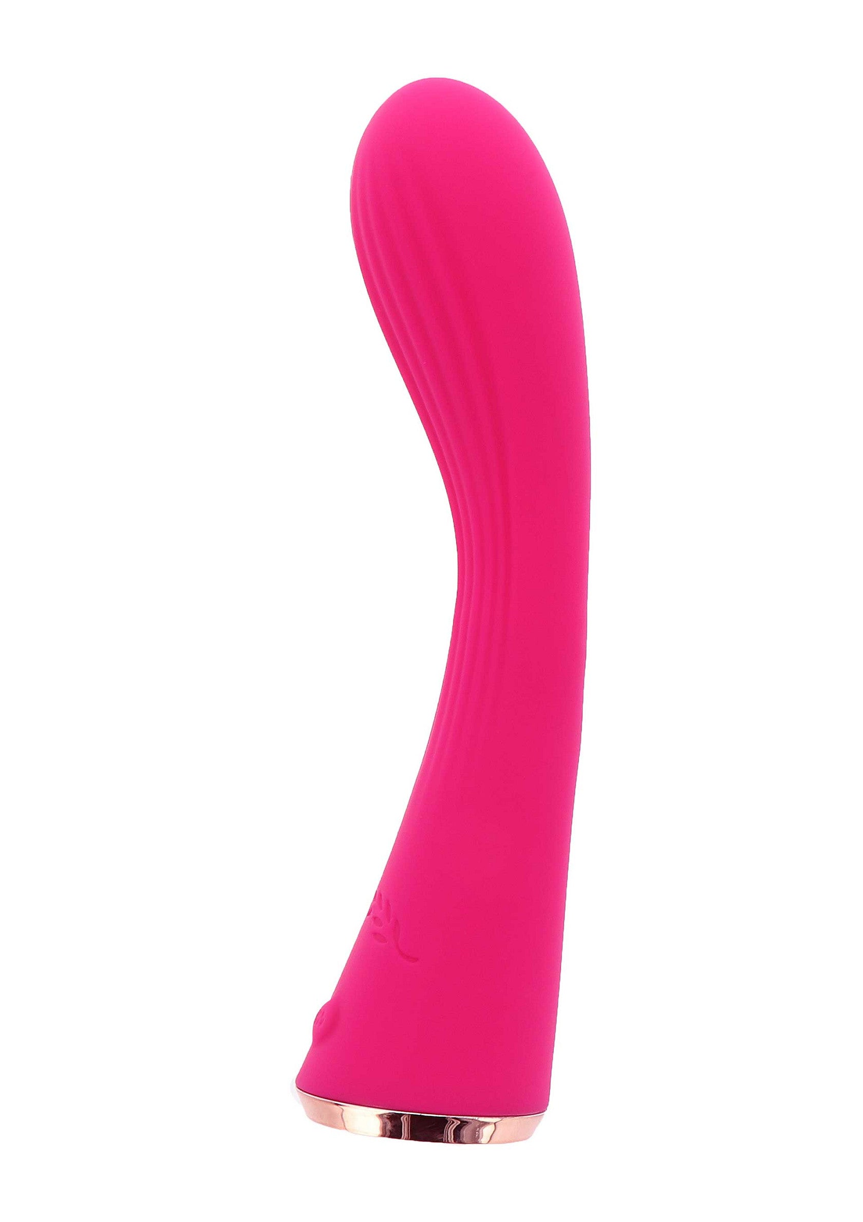 Vibromasseur incurvé rose pour le plaisir féminin. Texturé pour plus de sensation.; Roze, gebogen vibrator voor vrouwelijk genot. Gestructureerd voor extra sensatie.; Pink, curved vibrator for female pleasure. Textured for added sensation.