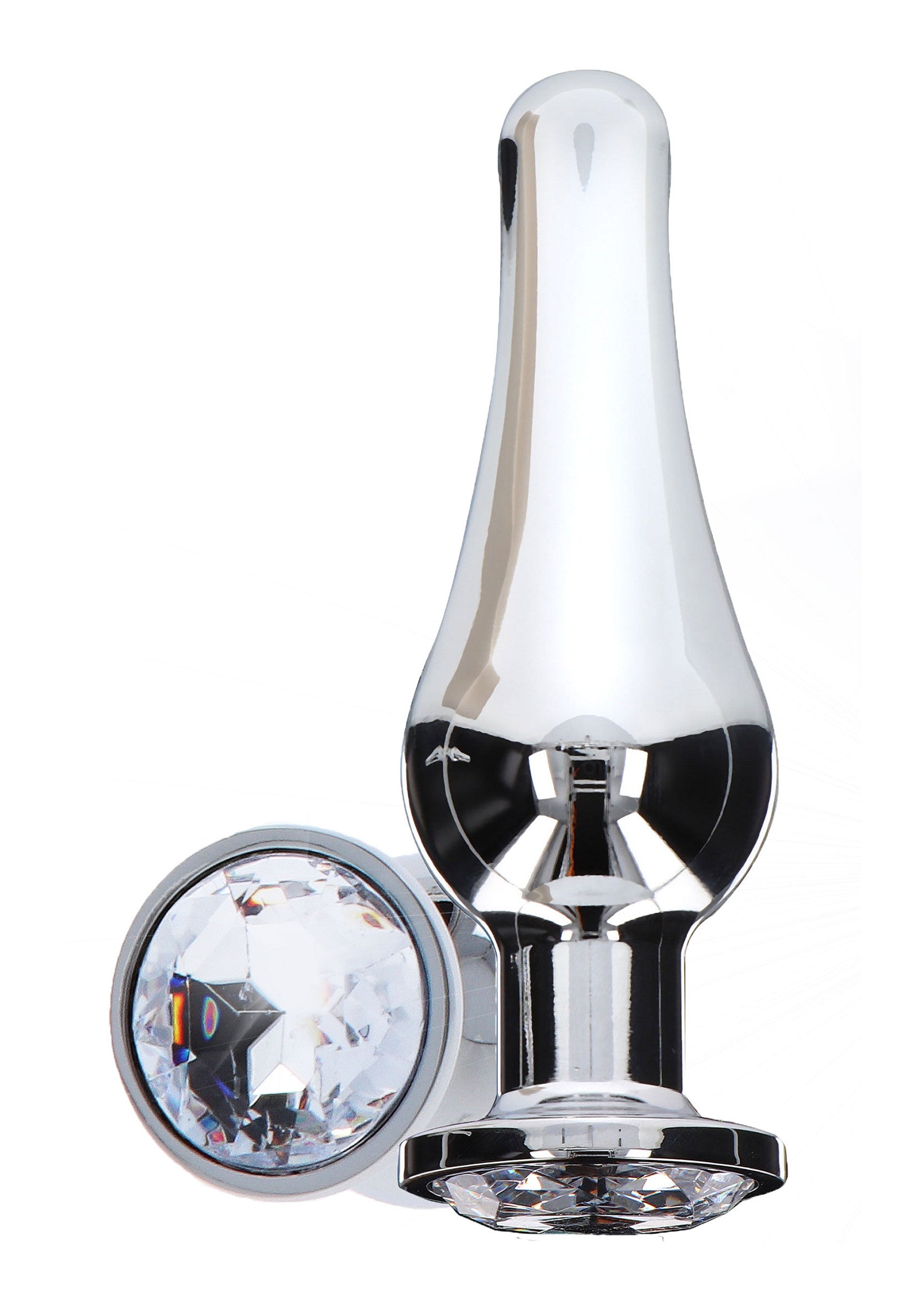 Plug anal en métal argenté avec une fausse pierre précieuse. Accessoire de plaisir brillant et élégant.; Zilverkleurige metalen buttplug met een nep edelsteen. Stijlvol en glanzend plezier accessoire.; Silver-tone metal butt plug with a faux gemstone. Stylish and shiny pleasure accessory.