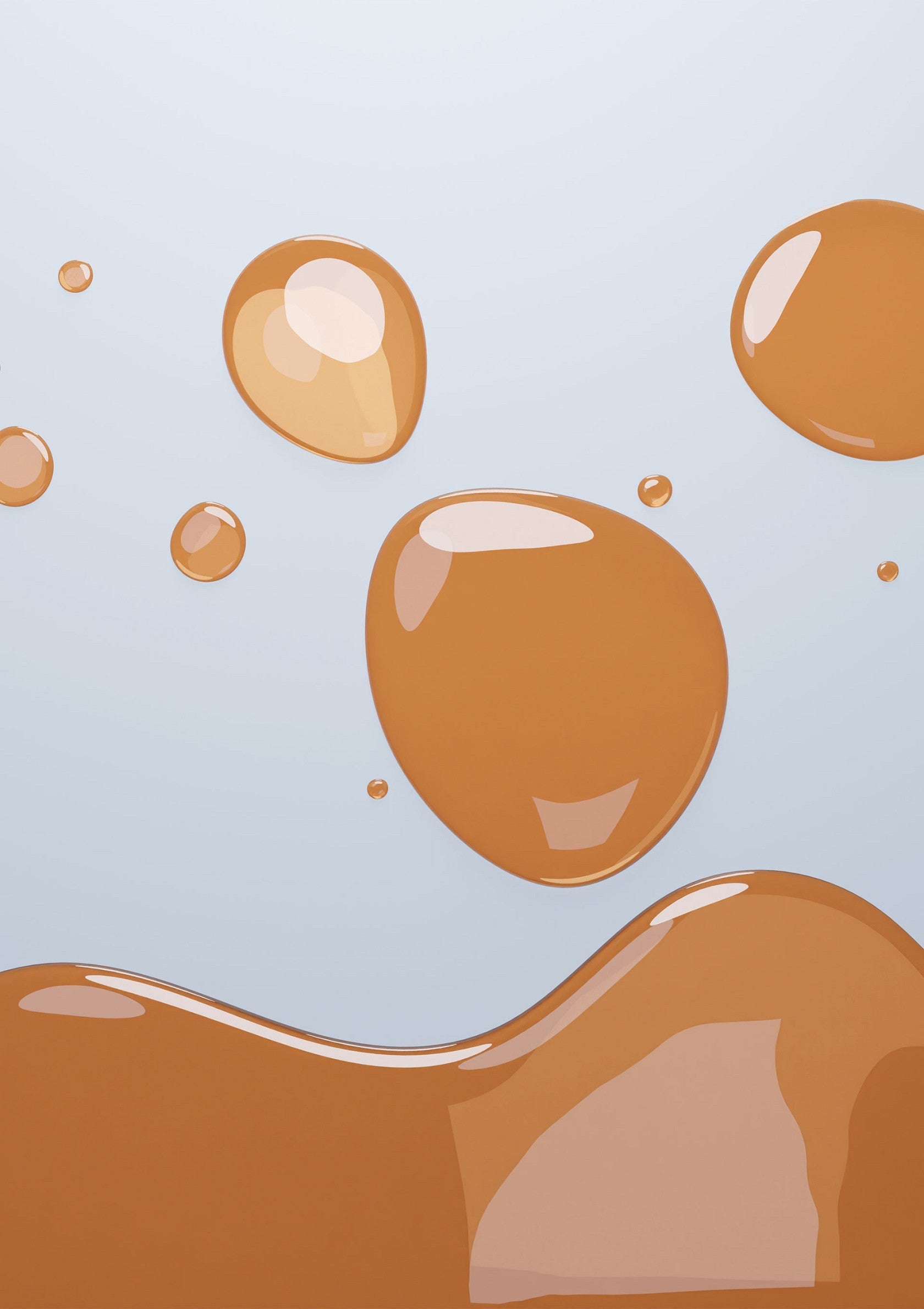 Gouttes et éclaboussures ambrées sur fond clair. Parfait pour les produits de beauté ou de soins.; Amberkleurige druppels en spatten op een lichte achtergrond. Perfect voor beauty- of verzorgingsproducten.; Amber drops and splashes on a light background. Perfect for beauty or care products.