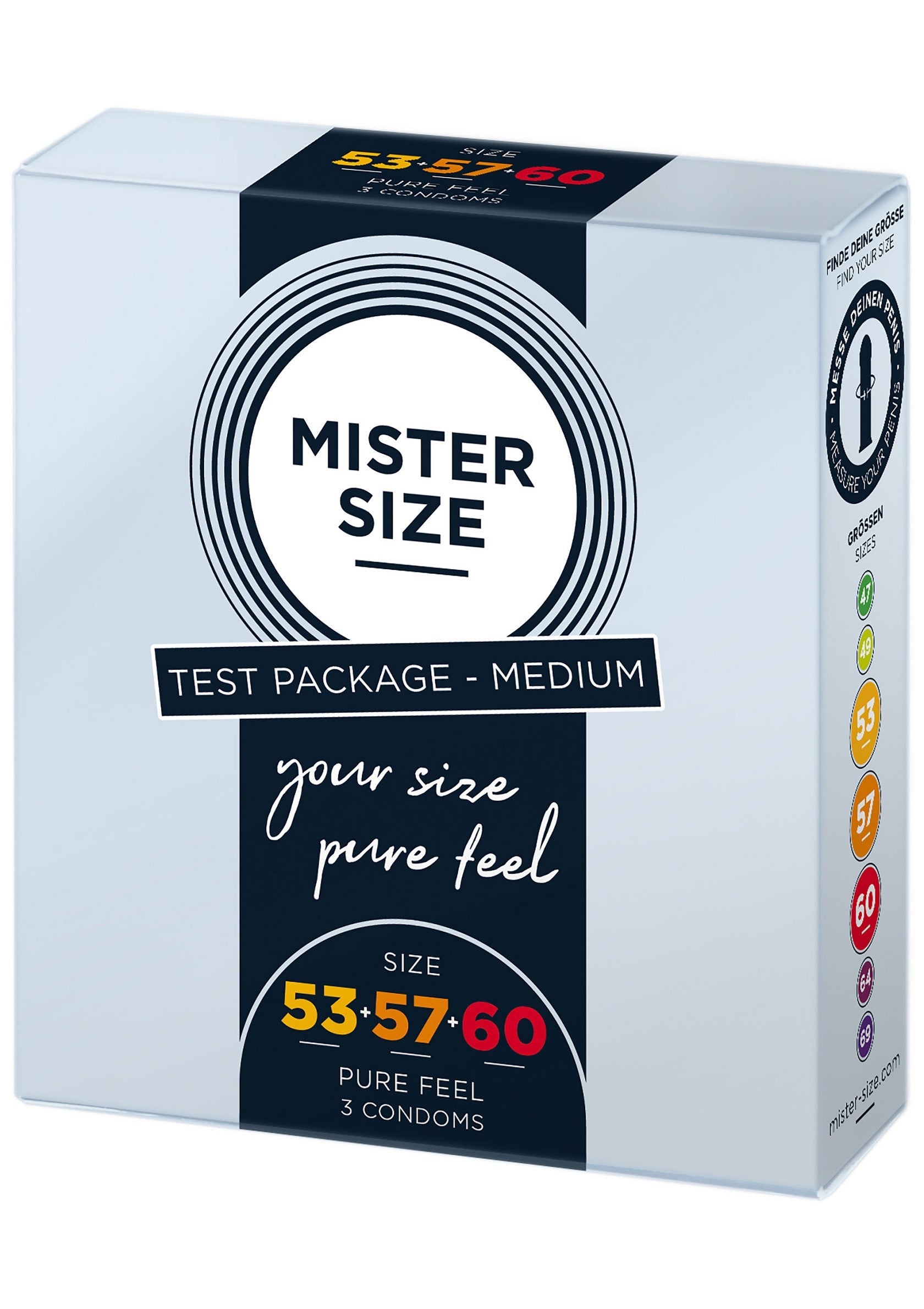 Paquet d'essai Mister Size - Medium. Pure Feel 3 préservatifs, tailles 53-57-60 pour un confort optimal.; Mister Size testpakket - Medium. Pure Feel 3 condooms, maten 53-57-60 voor optimaal comfort.; Mister Size Test Package - Medium. Pure Feel 3 condoms, sizes 53-57-60 for optimal comfort.