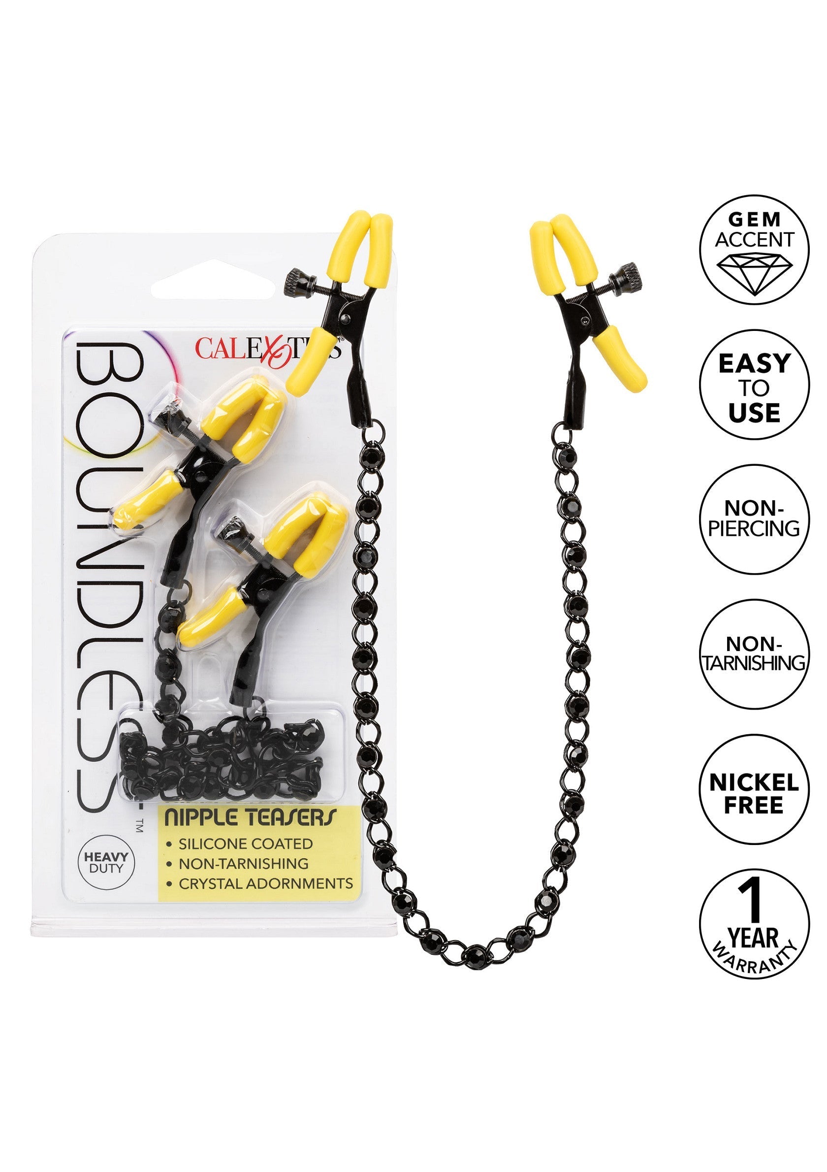 Pinces à tétons Boundless avec chaîne noire. Accessoire érotique stimulant, facile à utiliser et sans piercing.; Boundless tepelklemmen met zwarte ketting. Prikkelende erotische accessoire, makkelijk te gebruiken en zonder piercing.; Boundless Nipple Teasers with black chain. Stimulating erotic accessory, easy to use and non-piercing.