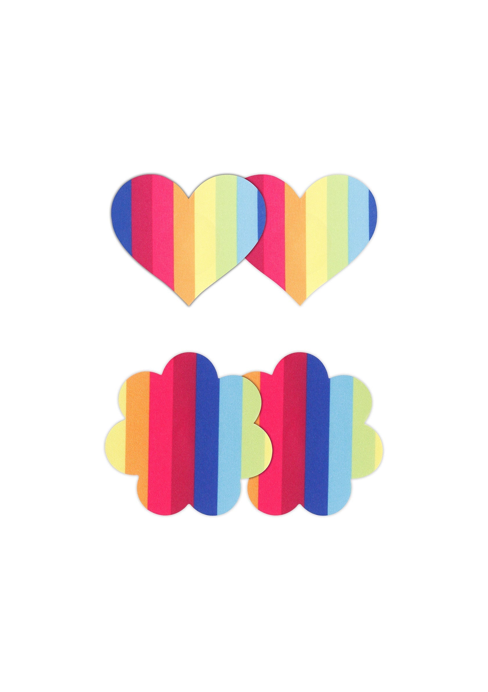 Patchs autocollants décoratifs arc-en-ciel en forme de cœur et de fleur. Accessoires amusants et colorés pour customiser vos vêtements.; Regenboog hart- en bloemvormige zelfklevende patches. Leuke en kleurrijke accessoires om uw kleding te personaliseren.; Rainbow heart & flower shaped adhesive patches. Fun and colorful accessories to personalize your clothes.