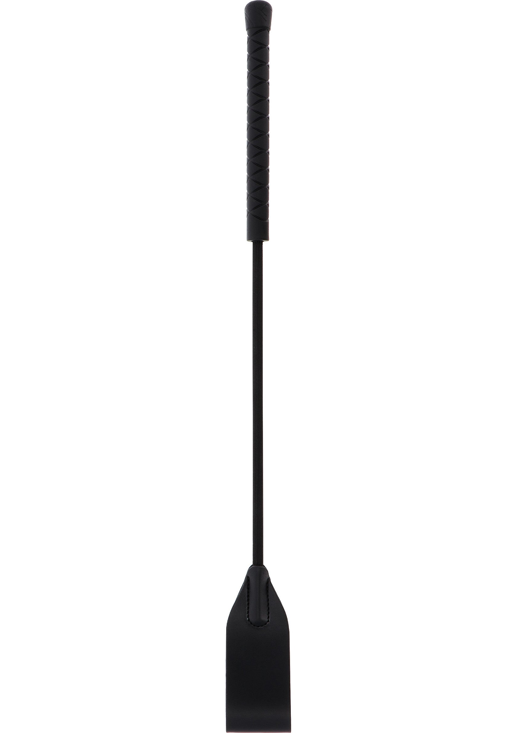 Cravache d'équitation noire avec poignée texturée pour une prise en main optimale.; Zwarte rijzweep met gestructureerde handgreep voor optimale grip.; Black riding crop with textured handle for optimal grip.