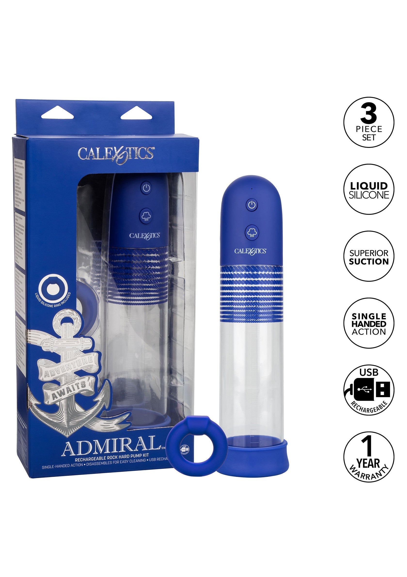 CalExotics Admiral, kit de pompe rechargeable USB pour homme avec silicone liquide et forte aspiration.; CalExotics Admiral, USB oplaadbare pompset voor mannen met vloeibare siliconen en sterke zuigkracht.; CalExotics Admiral, USB rechargeable penis pump kit for men with liquid silicone and superior suction.