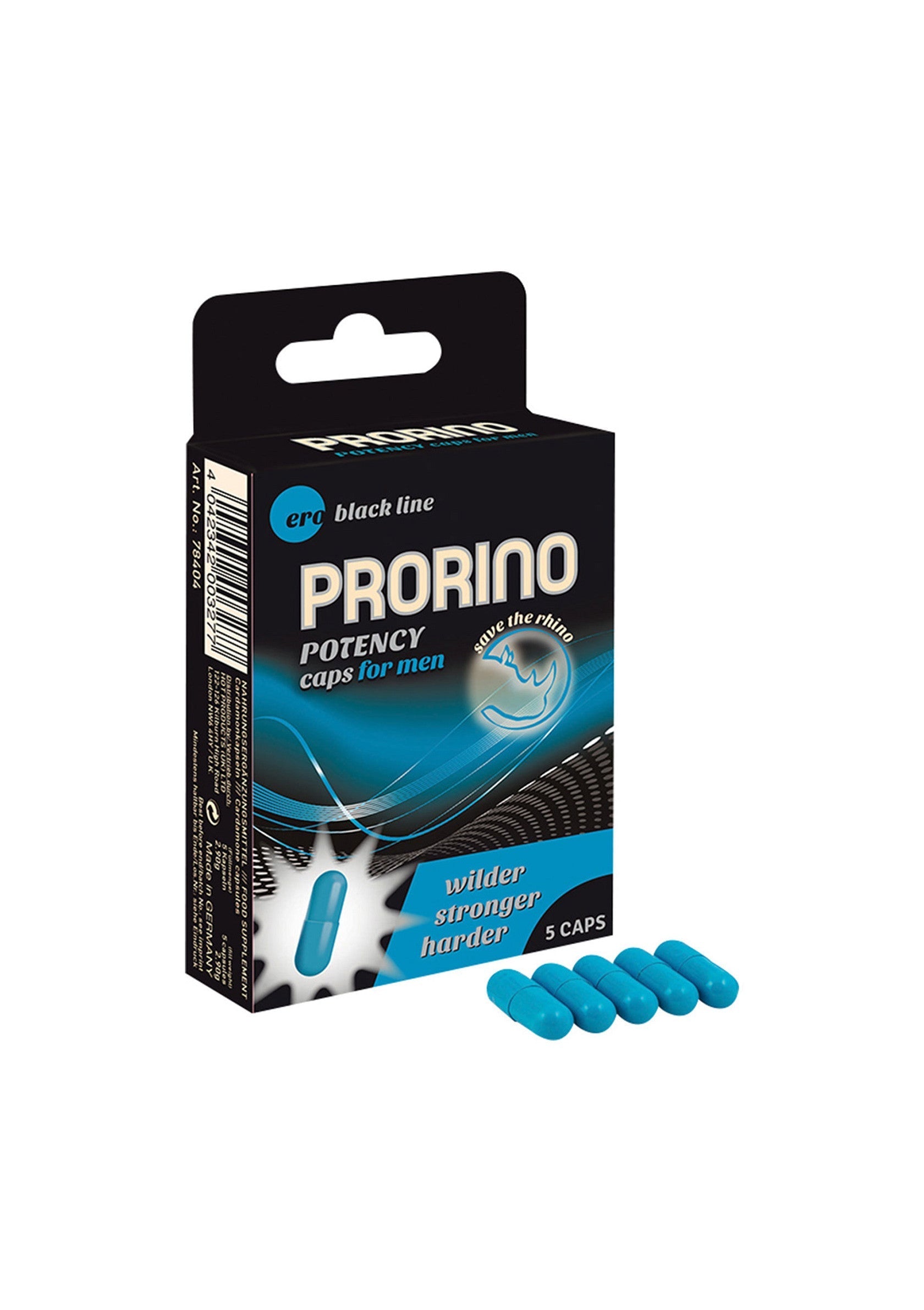 Prorino Black Line, des capsules pour la puissance masculine. Pour des performances plus fortes et plus sauvages. 5 capsules.; Prorino Black Line, capsules voor mannelijke potentie. Voor wildere en sterkere prestaties. 5 capsules.; Prorino Black Line, capsules for male potency. For wilder, stronger performance. 5 capsules.