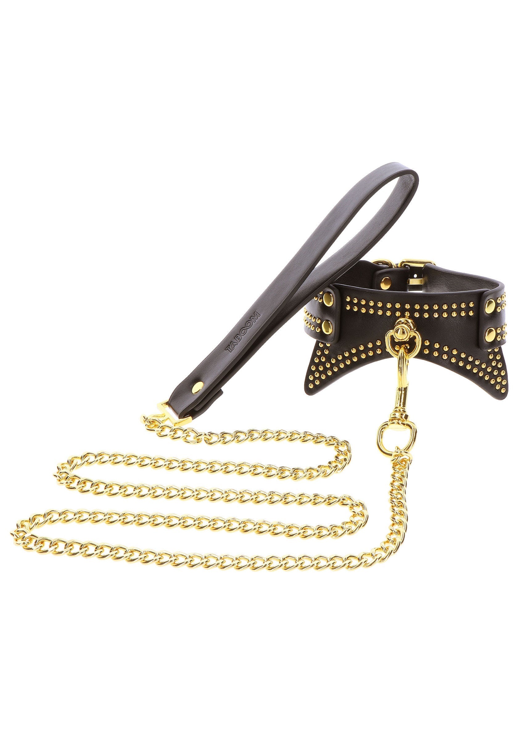 Collier et laisse pour animaux de compagnie en cuir noir clouté doré.; Zwarte leren halsband en riem voor huisdieren met gouden studs.; Black leather pet collar and leash set with gold studs.