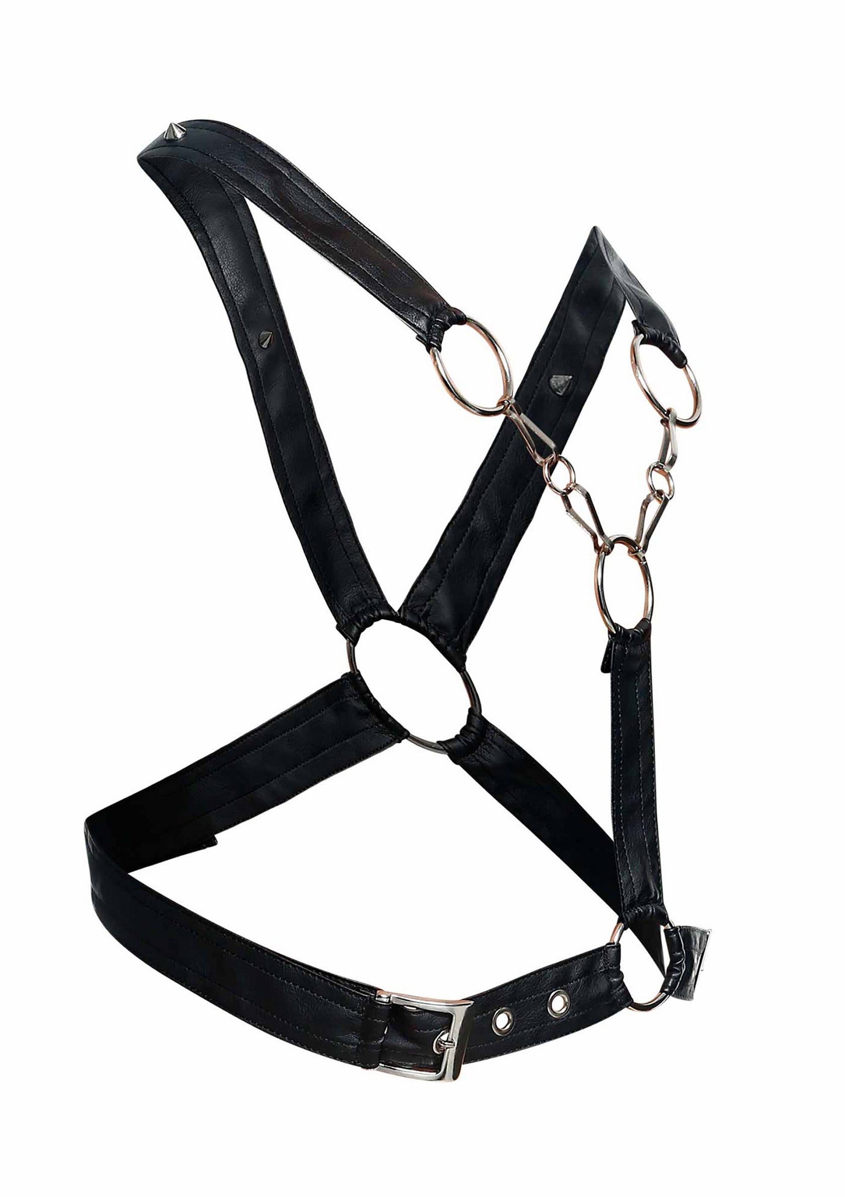 Harnais noir en cuir synthétique avec anneaux et chaîne. Accessoire de mode audacieux.; Zwart kunstleren harnas met ringen en ketting. Een gewaagd modeaccessoire.; Black faux leather harness with rings and chain detail. Edgy fashion accessory.