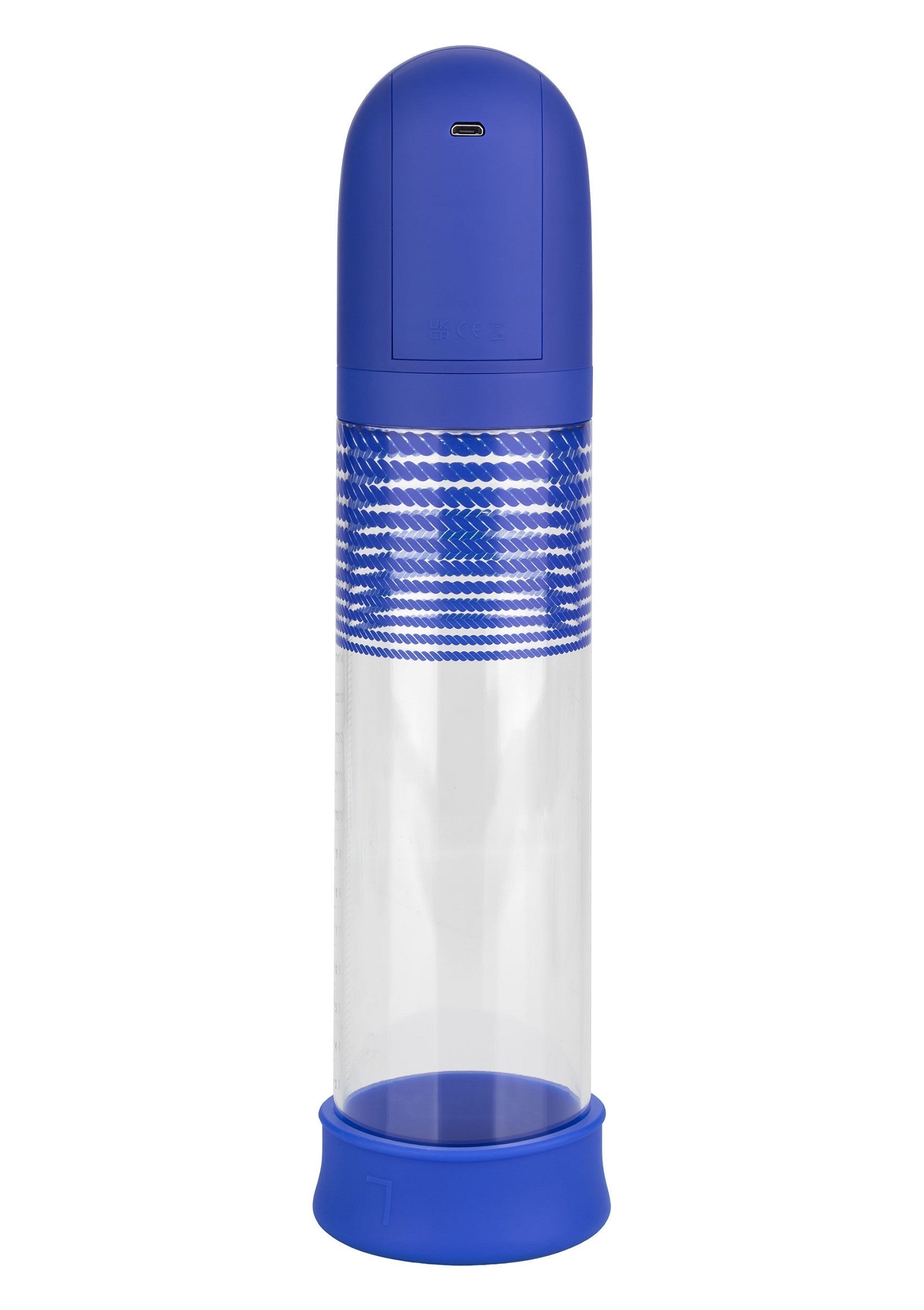 Pompe à pénis électrique bleue avec cylindre transparent pour le confort et l'amélioration.; Blauwe elektrische penispomp met transparante cilinder voor comfort en verbetering.; Blue electric penis pump with clear cylinder for comfort & enhancement.