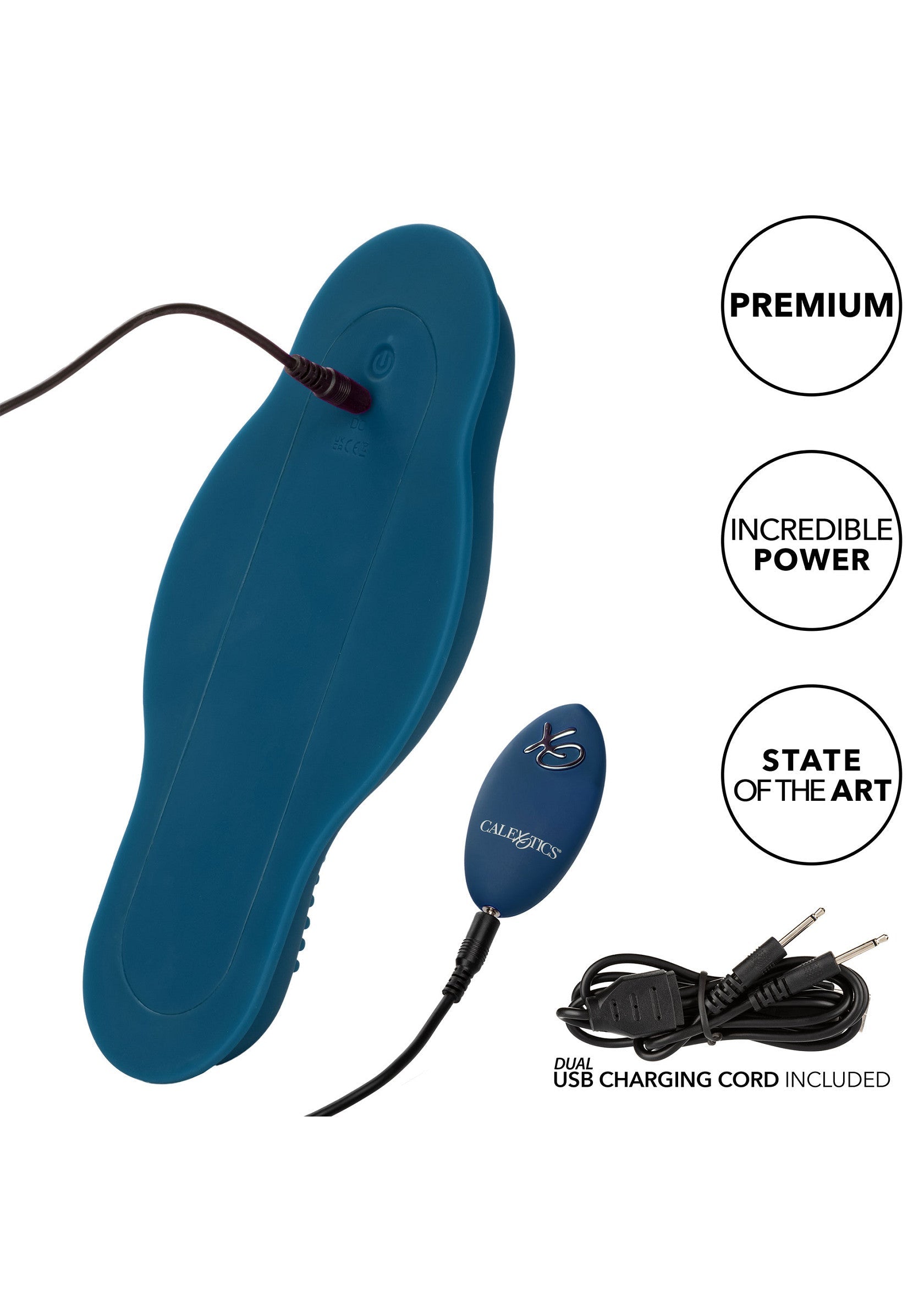 Vibromasseur bleu premium avec télécommande et chargeur USB pour une stimulation intense et précise.; Premium blauwe vibrator met afstandsbediening en USB-oplader voor intense en nauwkeurige stimulatie.; Premium blue vibrator with remote and USB charger for intense, targeted stimulation. State-of-the-art pleasure.