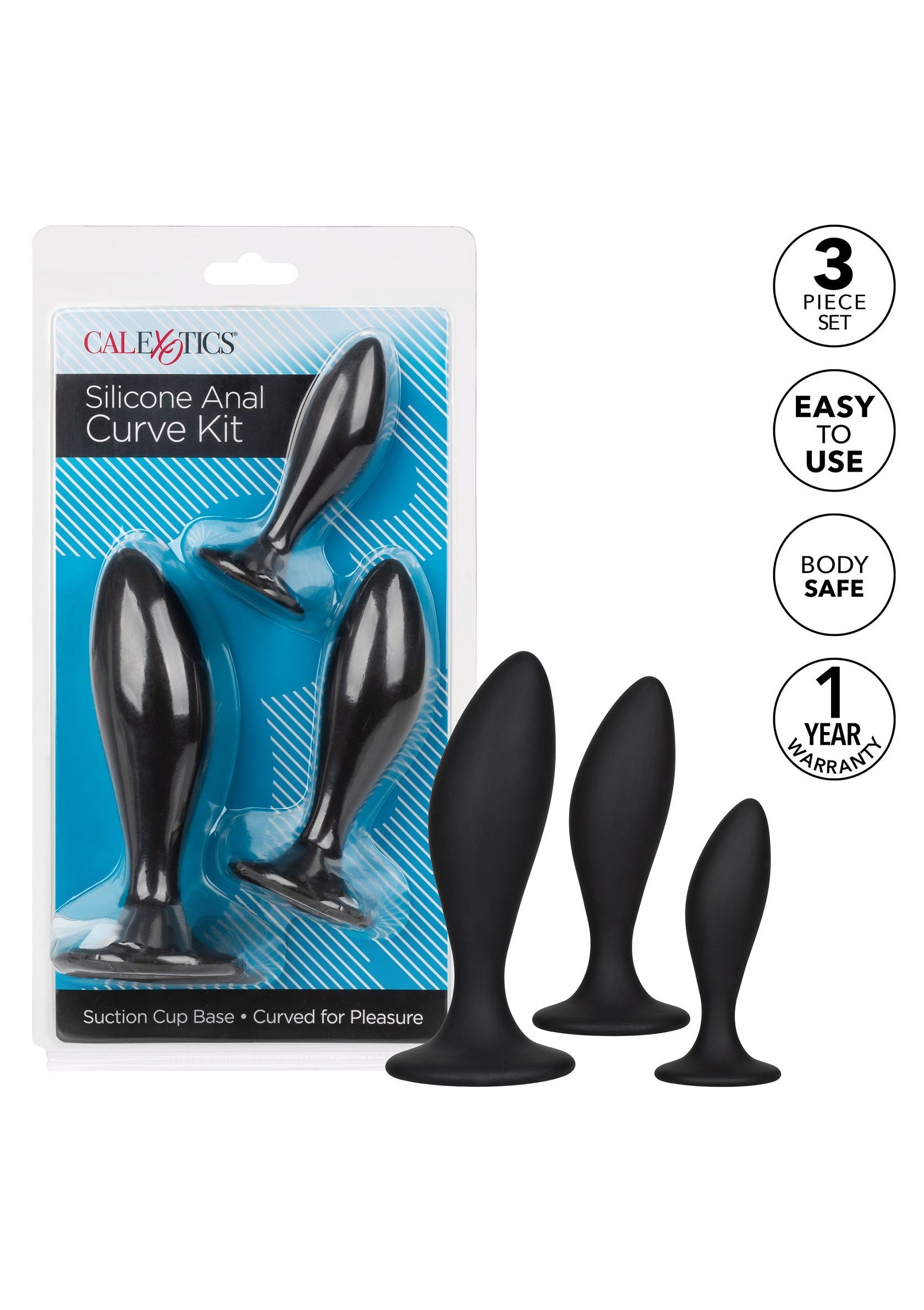 Kit de plugs anaux en silicone noir, courbés pour le plaisir. Trois tailles différentes pour une exploration graduelle.; Zwarte siliconen anale plug kit, gebogen voor plezier. Drie verschillende maten voor geleidelijke verkenning.; Black silicone anal plug kit, curved for pleasure. Three different sizes for gradual exploration.