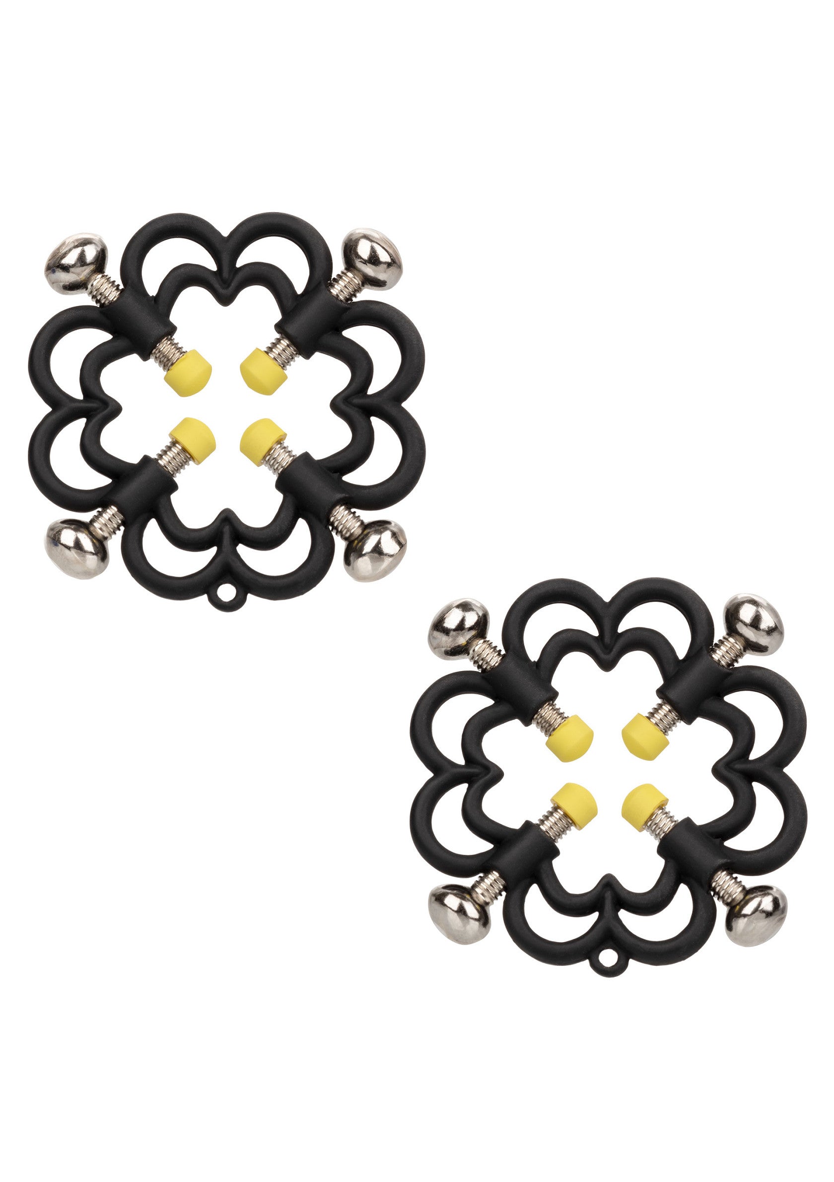 Pince à tétons en forme de trèfle noir réglable, pour un plaisir intense et personnalisable.; Verstelbare zwarte tepelklemmen in klavervorm voor intens, aanpasbaar plezier.; Adjustable black clover-shaped nipple clamps for intense, customizable pleasure.