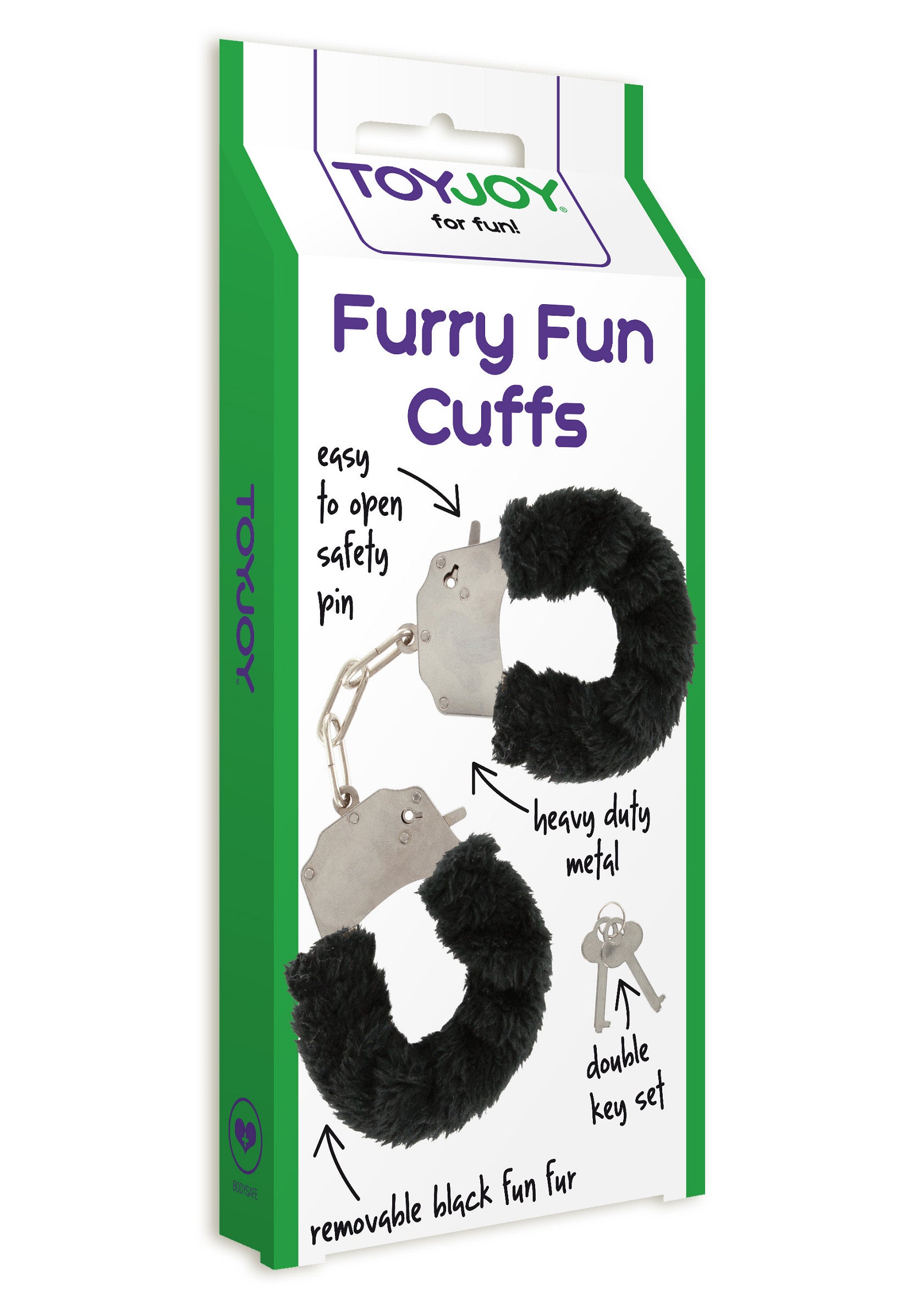Menottes douces Toyjoy Furry Fun Cuffs. Accessoire coquin en métal avec fourrure amovible. Jeu de rôle pour adultes.; Toyjoy Furry Fun Cuffs pluche handboeien. Metalen accessoire met afneembaar bont. Rollenspel voor volwassenen.; Toyjoy Furry Fun Cuffs plush handcuffs. Metal accessory with removable fur. Adult roleplay.
