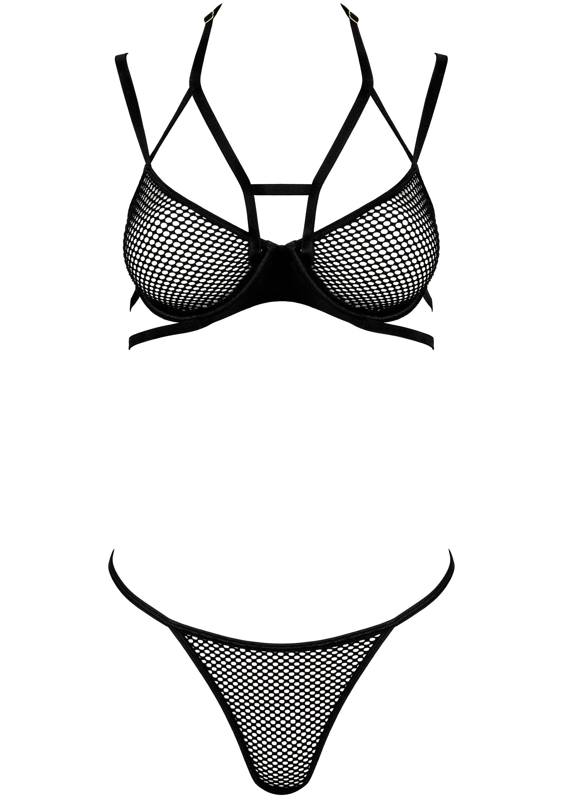 Ensemble de lingerie noir en maille transparente avec soutien-gorge à armatures et string assorti.; Zwarte mesh lingerie set met beugelbeha en bijpassende string.; Black sheer mesh lingerie set with underwire bra and matching thong.