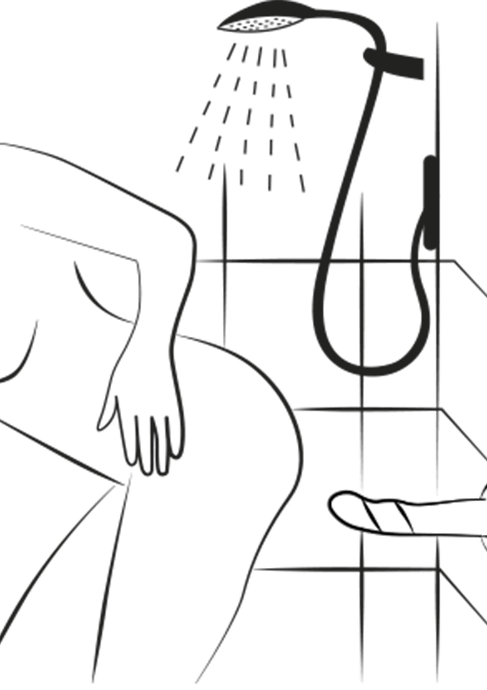 Illustration minimaliste d'une douche et d'une personne, parfait pour une salle de bain moderne et élégante.; Minimalistische illustratie van een douche en een persoon, perfect voor een moderne en elegante badkamer.; Minimalist illustration of a shower and person, perfect for a modern and elegant bathroom.