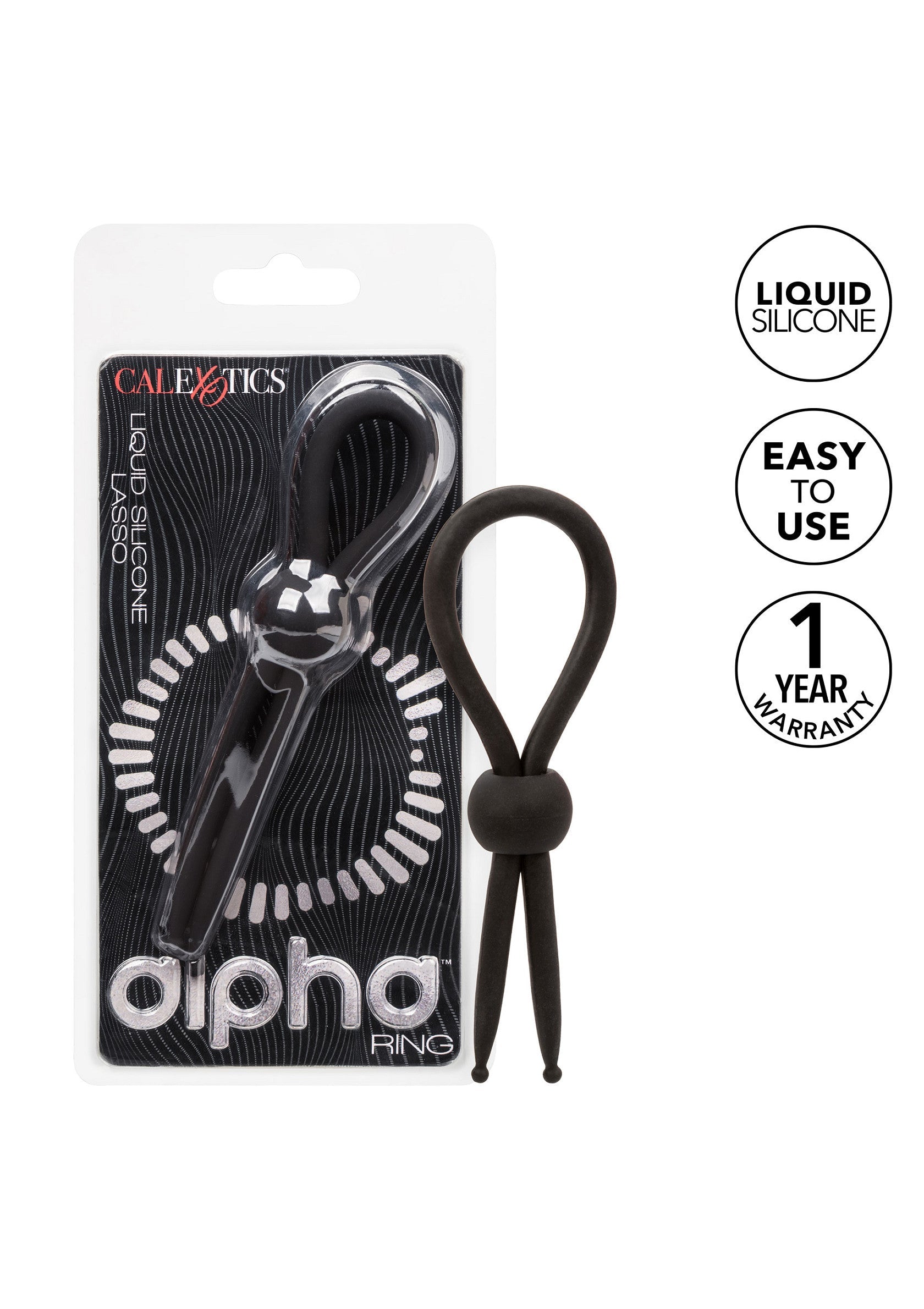Anneau pénien CalExotics Alpha Ring Lasso. Silicone liquide, facile à utiliser et garanti 1 an. ; CalExotics Alpha Ring Lasso penisring. Vloeibare siliconen, makkelijk in gebruik en 1 jaar garantie.; CalExotics Alpha Ring Lasso cock ring. Liquid silicone, easy to use, and has a 1-year warranty.