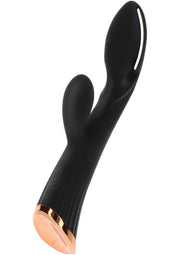 Vibromasseur noir élégant avec des accents dorés pour le plaisir personnel.; Elegante zwarte vibrator met gouden accenten voor persoonlijk genot.; Sleek black vibrator with gold accents for personal pleasure.