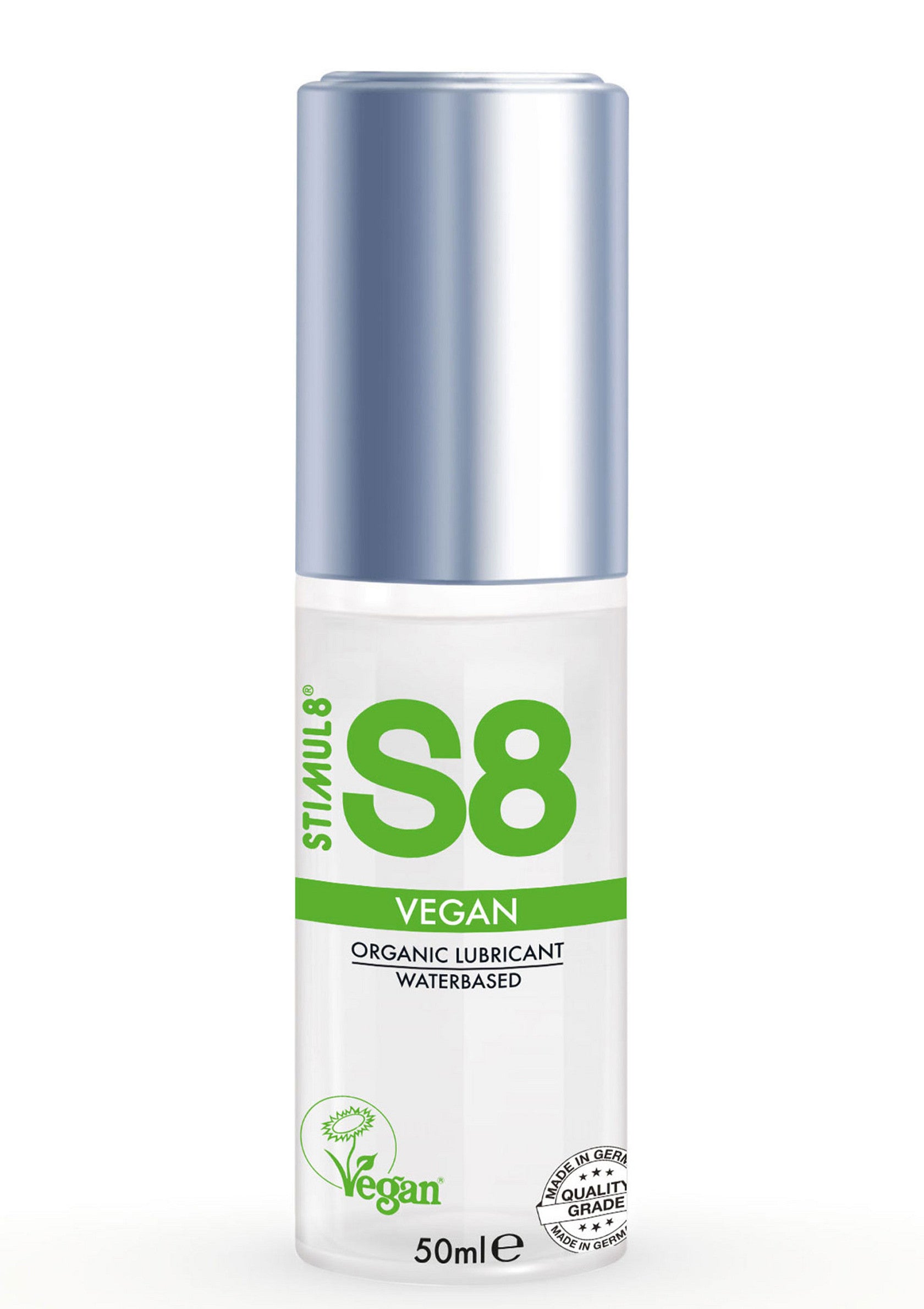 Lubrifiant bio S8 Vegan à base d'eau pour une expérience douce et naturelle. 50ml.; S8 Vegan biologisch glijmiddel op waterbasis voor een zachte en natuurlijke ervaring. 50ml.; S8 Vegan organic, water-based lubricant for a gentle and natural experience. 50ml.