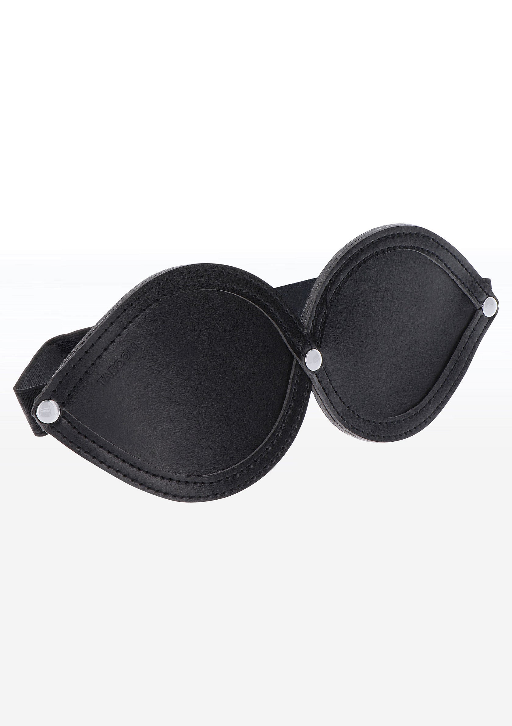 Masque de sommeil en cuir noir avec élastique réglable. Accessoire de luxe pour une nuit de sommeil réparatrice.; Zwart leren slaapmasker met verstelbare elastiek. Luxe accessoire voor een goede nachtrust.; Black leather sleep mask with adjustable elastic strap. Luxury accessory for a restful night's sleep.