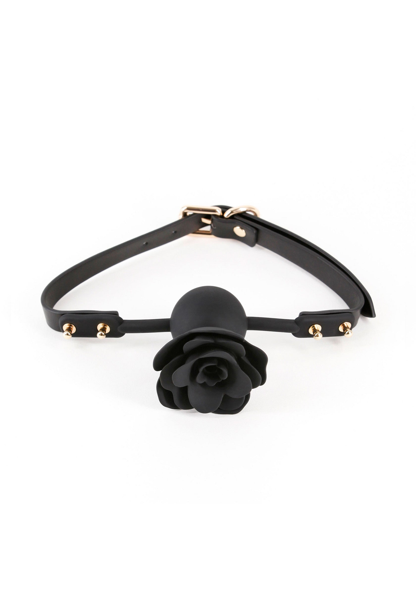 Gag rose noire avec sangle réglable. Accessoire de bondage élégant et sensuel.; Zwarte rozenbalgag met verstelbare riem. Stijlvol en sensueel bondage accessoire.; Black rose ball gag with adjustable strap. Stylish and sensual bondage accessory.