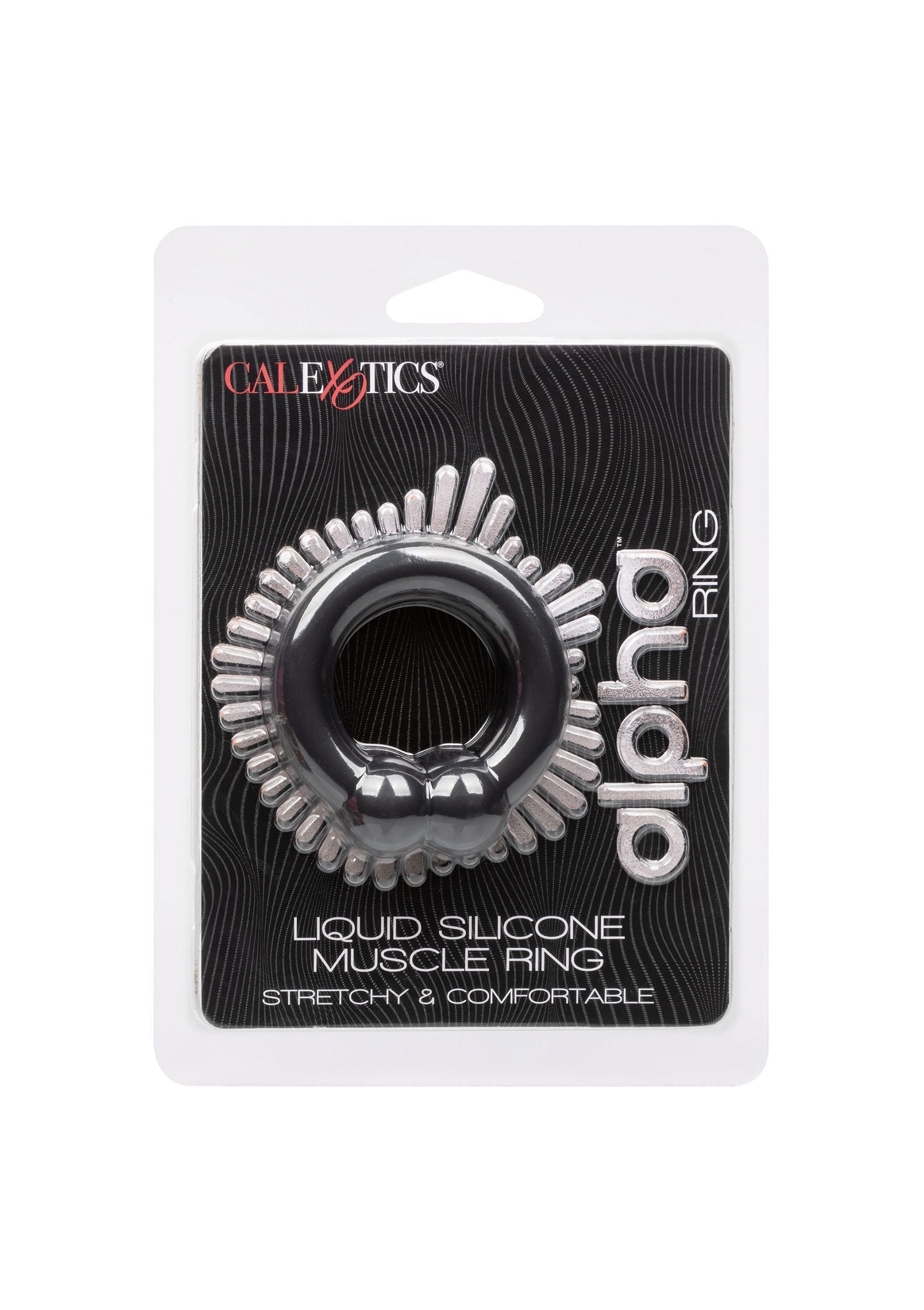 Anneau pénien CalExotics Alpha Ring en silicone liquide pour plus de confort et de plaisir.; CalExotics Alpha Ring penisring van vloeibare siliconen voor comfort en plezier.; CalExotics Alpha Ring liquid silicone cock ring for comfort & pleasure.