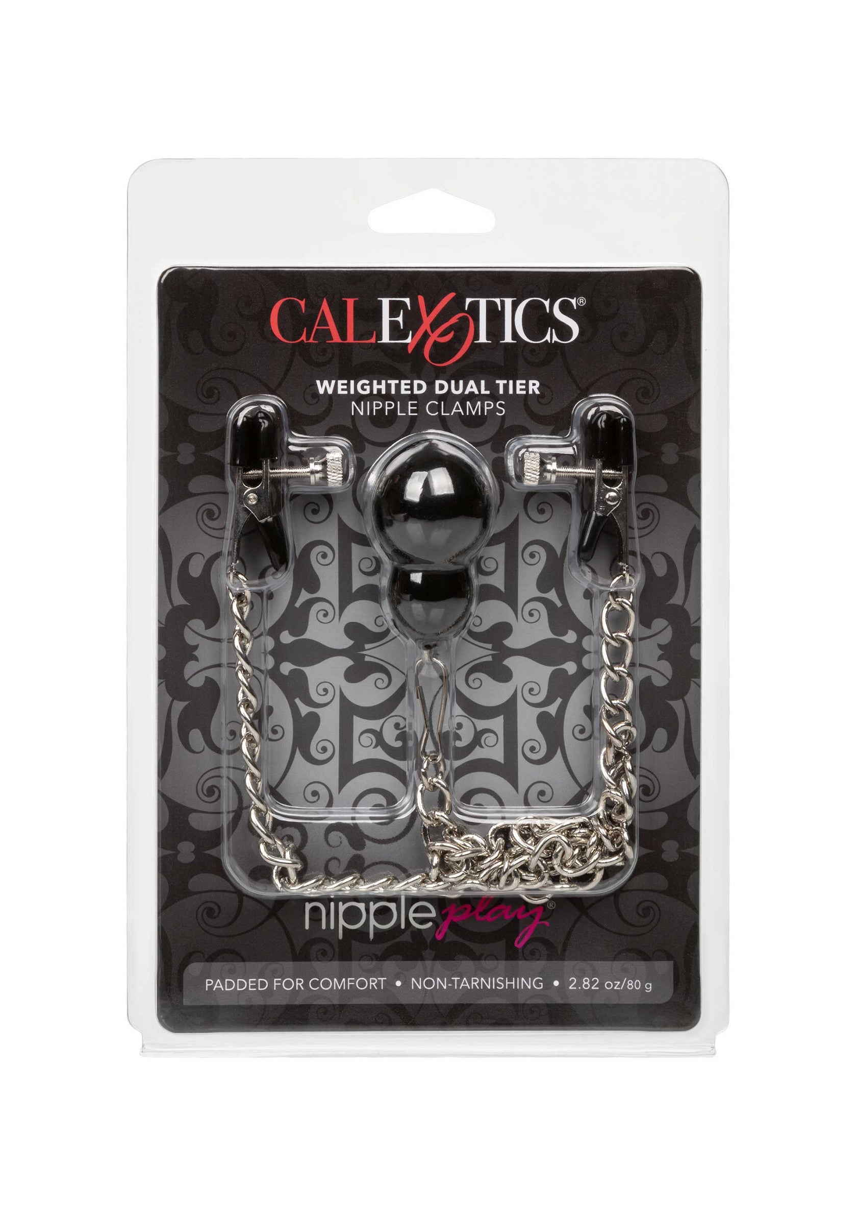 Pinces à tétons lestées à double rangée CalExotics pour un plaisir intense. Doublure confortable, anti-ternissement.; CalExotics Weighted Dual Tier Tepelklemmen voor intense stimulatie. Gewatteerd voor comfort, niet-aanslag.; CalExotics Weighted Dual Tier Nipple Clamps for intense pleasure. Padded for comfort, non-tarnishing.
