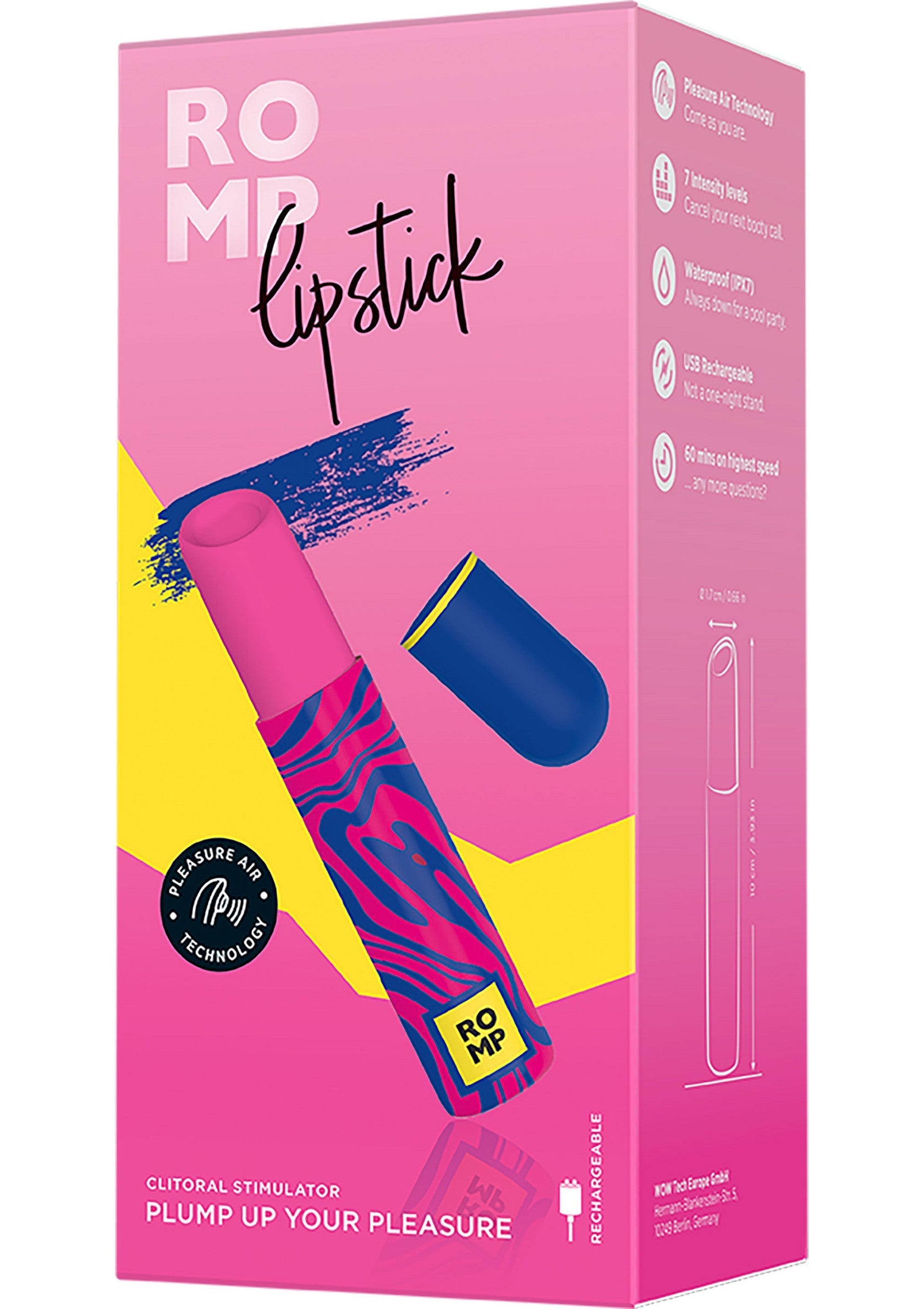 ROMP Lipstick stimulateur clitoridien rechargeable. Plaisir discret et intense pour elle.; ROMP Lipstick oplaadbare clitorisstimulator. Discrete en intense plezier voor haar.; ROMP Lipstick rechargeable clitoral stimulator. Discreet and intense pleasure for her.
