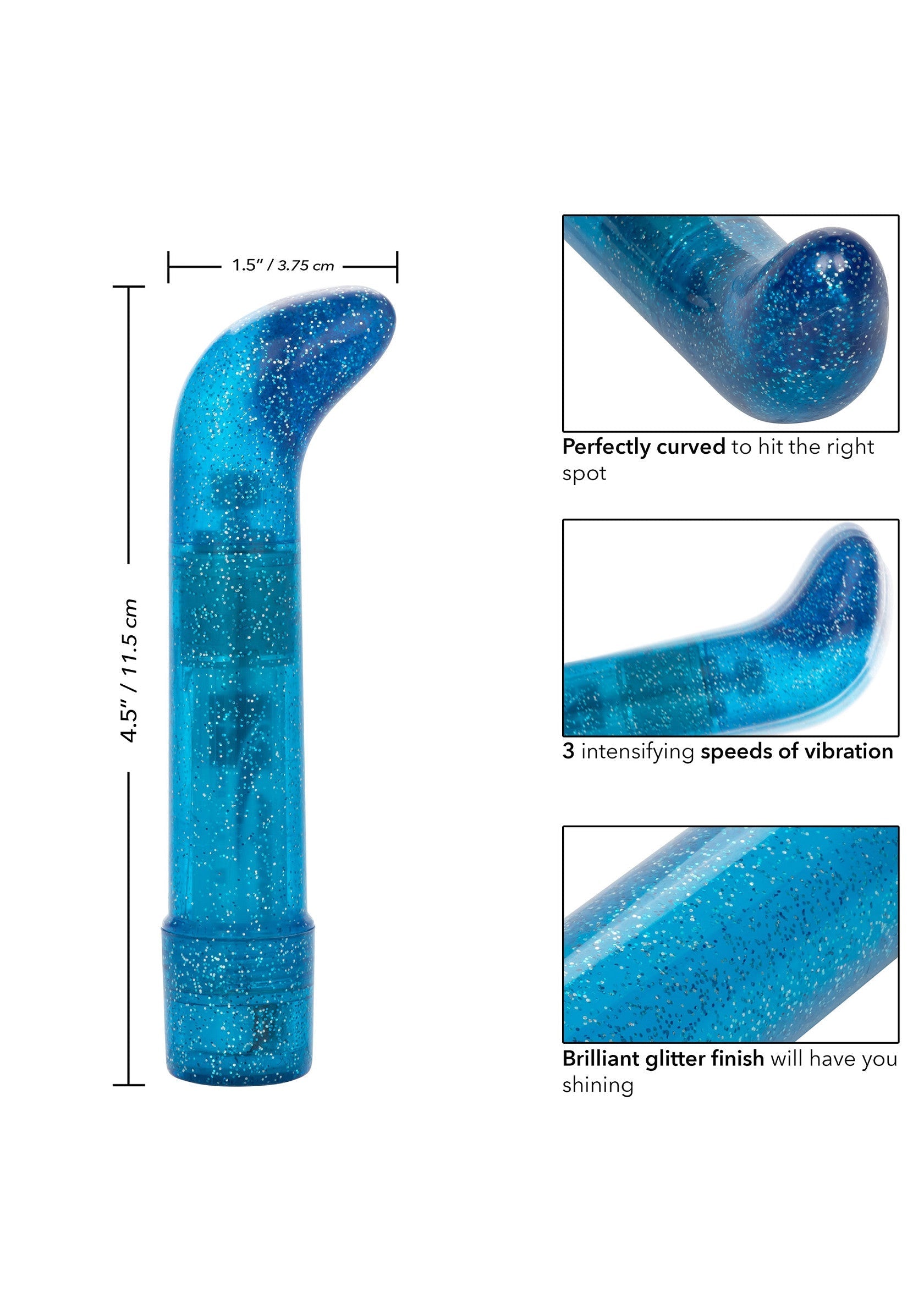 Vibromasseur bleu scintillant avec 3 vitesses et une forme incurvée pour le plaisir personnel. Dimensions indiquées.; Blauwe glitter vibrator met 3 snelheden en een gebogen vorm voor persoonlijk genot. Afmetingen staan aangegeven.; Blue glitter vibrator with 3 speeds and a curved shape for personal enjoyment. Dimensions shown.
