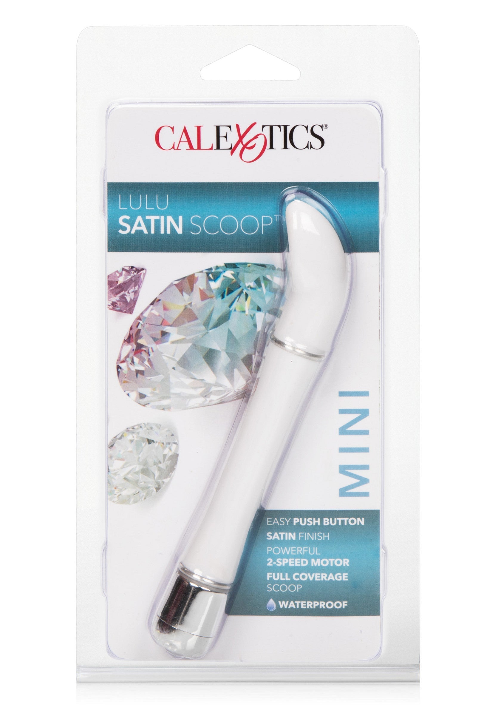 CalExotics Lulu Satin Scoop Mini : vibromasseur élégant et puissant pour le plaisir intime. Texture douce et finie satinée.; CalExotics Lulu Satin Scoop Mini: elegante, krachtige vibrator voor intiem plezier. Gladde textuur met een satijnen afwerking.; CalExotics Lulu Satin Scoop Mini: sleek, powerful vibrator for intimate pleasure. Smooth texture with a satin finish.