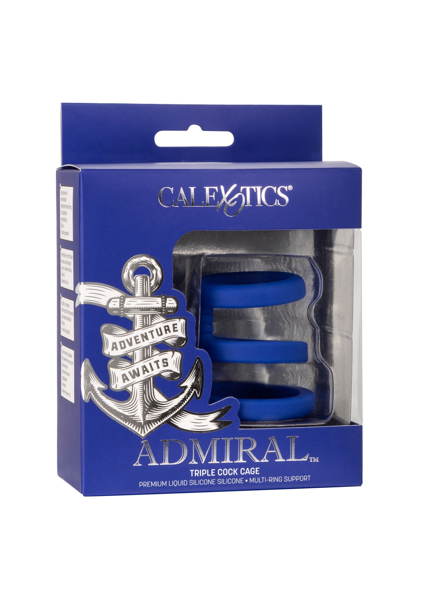 CalExotics Admiral Triple Cock Cage. Cage de chasteté masculine en silicone liquide premium.; CalExotics Admiral Triple Cock Cage. Mannelijke kuisheidskooi van premium vloeibare siliconen.; CalExotics Admiral Triple Cock Cage. Male chastity cage made of premium liquid silicone.