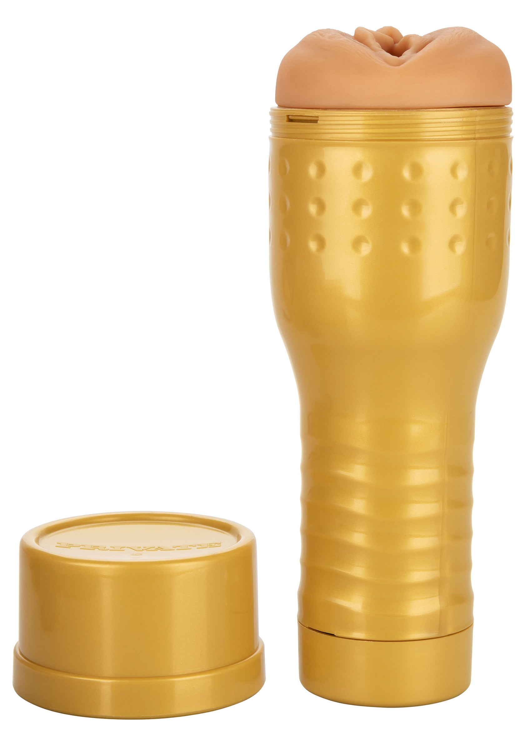 Jouet pour adultes texturé or avec couvercle discret pour le rangement. Sensations réalistes garanties!; Goudkleurig textuur speeltje voor volwassenen met deksel voor discrete opslag. Gegarandeerd realistische sensaties!; Gold textured adult toy with discreet lid for storage. Guaranteed realistic sensations!