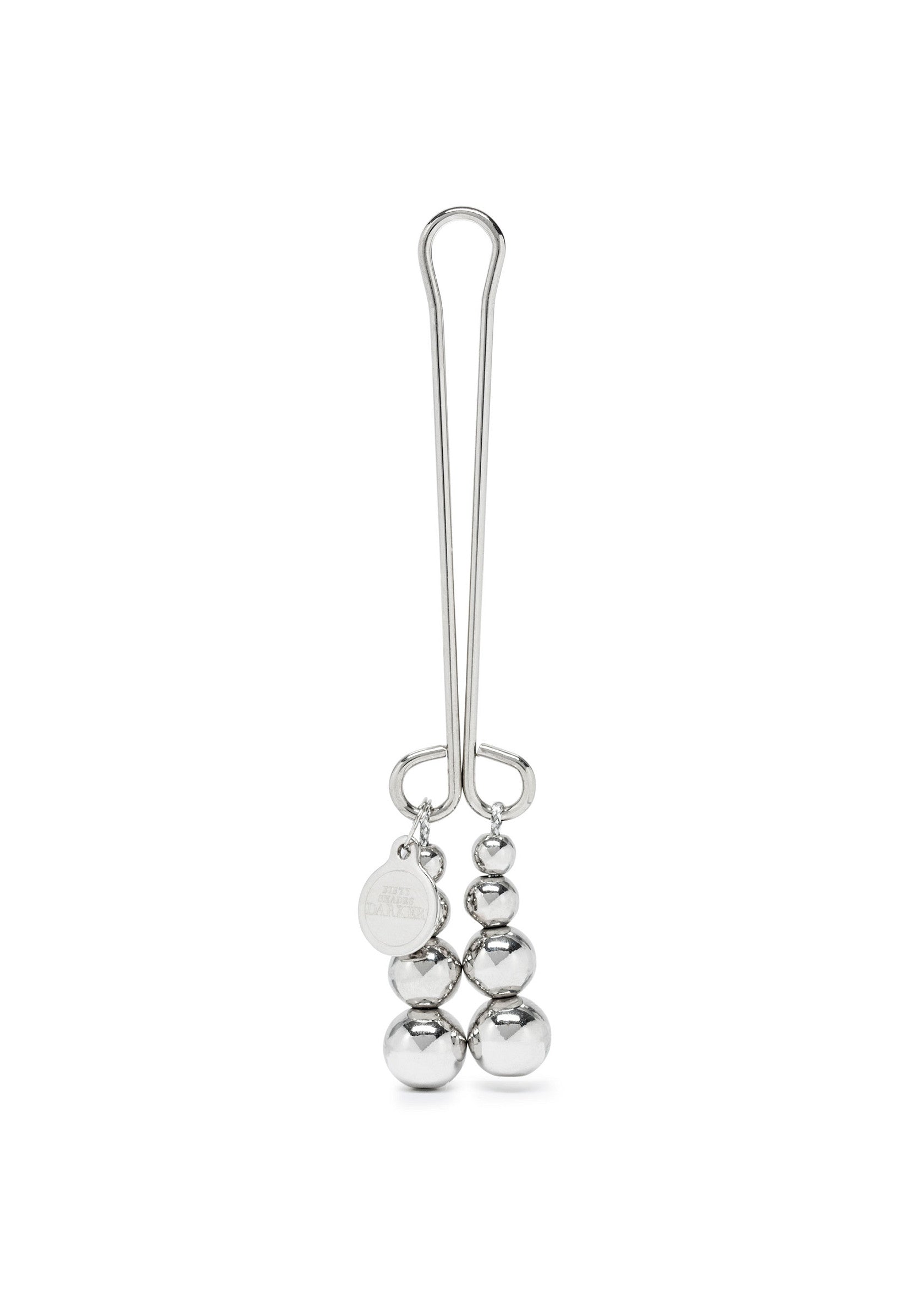 Pince à tétine argentée avec pendentifs en forme de boule. Accessoire élégant et pratique pour bébé.; Zilveren fopspeenclip met bolvormige hangers. Stijlvol en praktisch accessoire voor baby's.; Silver pacifier clip with ball pendants. Stylish and practical accessory for babies.