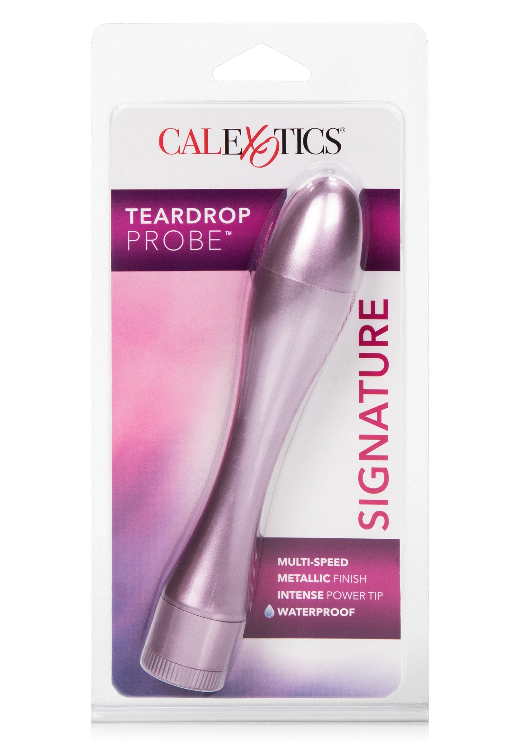 Sonde Teardrop Calexotics Signature. Finition métallique, multi-vitesse, pointe intense, étanche.; Calexotics Signature Teardrop Probe. Metallic finish, multi-speed, intense power tip, waterproof.; Calexotics Signature Teardrop Probe. Multi-speed, metallic finish, intense power tip, waterproof.