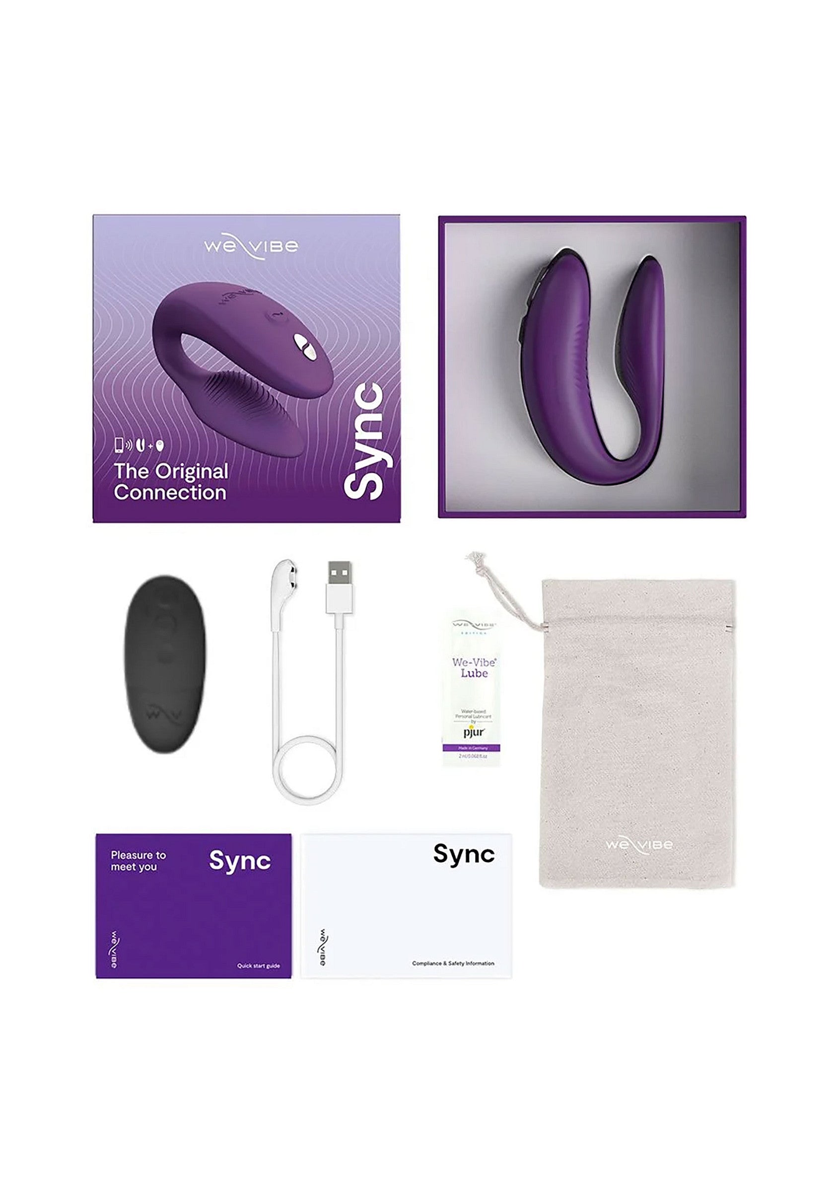 We-Vibe Sync : vibromasseur vibrant pour couples, rechargeable et étanche. Pour un plaisir partagé et une connexion intense.; We-Vibe Sync: vibrerende stimulator voor koppels, oplaadbaar en waterdicht. Voor gedeeld plezier en intense verbinding.; We-Vibe Sync: vibrating couples' stimulator, rechargeable & waterproof. For shared pleasure and intense connection.